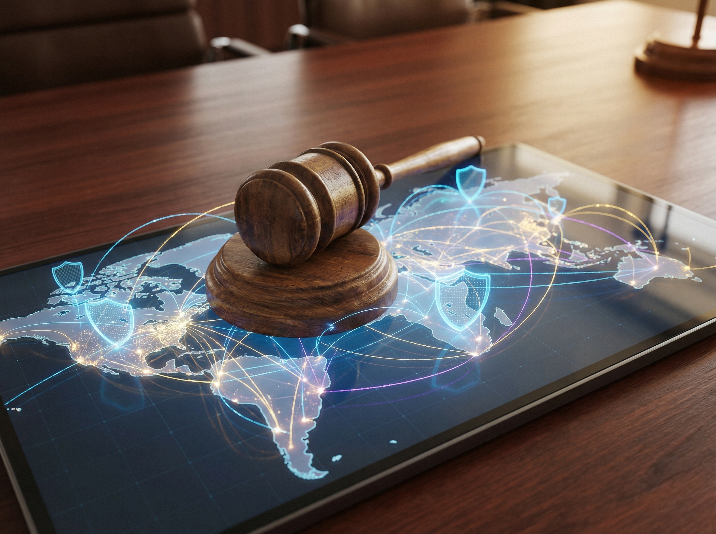 A wooden gavel resting on a digital world map background with glowing data lines, representing international law and internet safety regulations, realistic style, professional lighting, 4:3 aspect ratio, no text