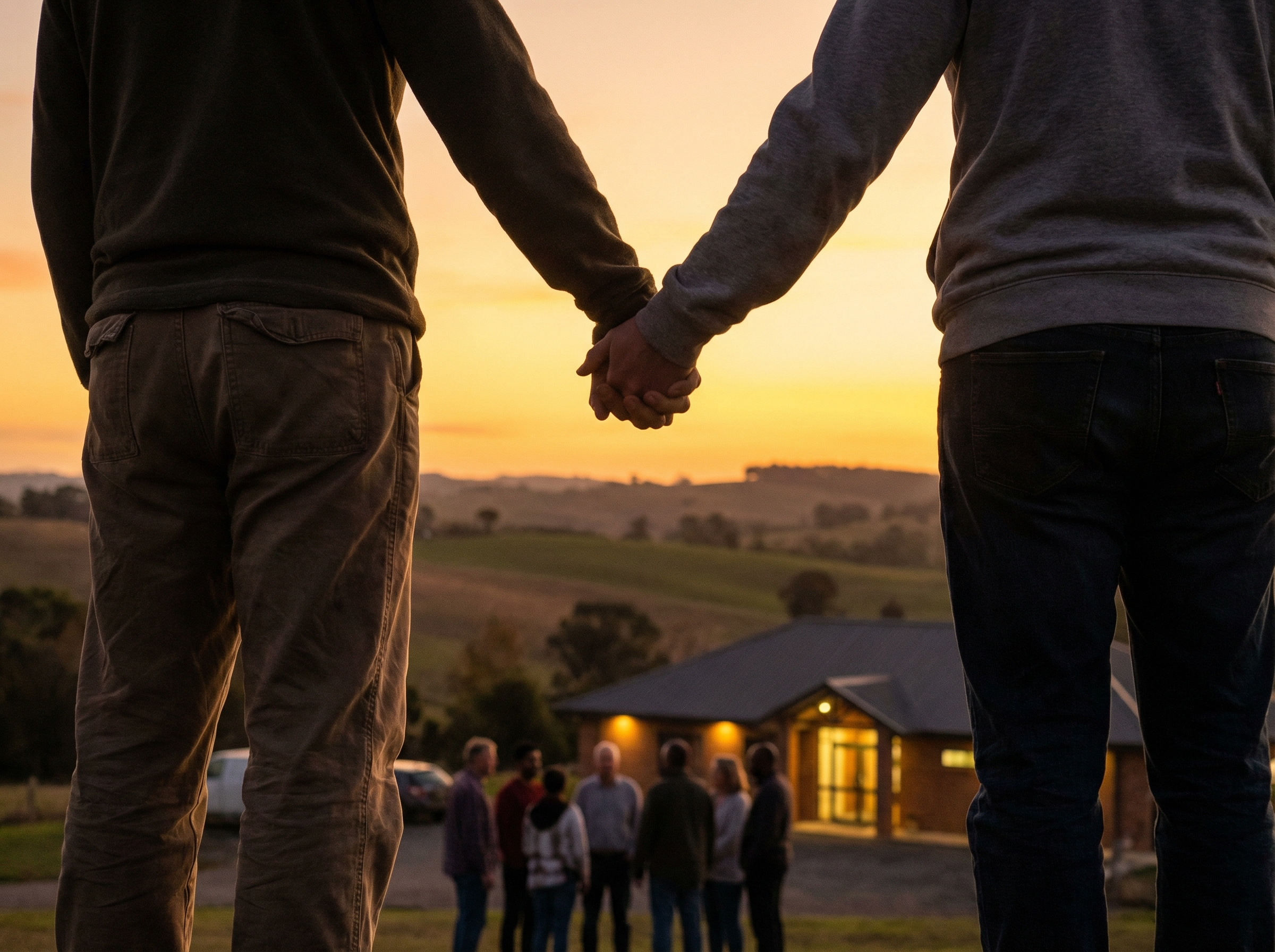 Two people holding hands against a warm sunset background, symbolizing support, safety, and community protection, soft warm lighting, realistic photography, 4:3 aspect ratio, no text