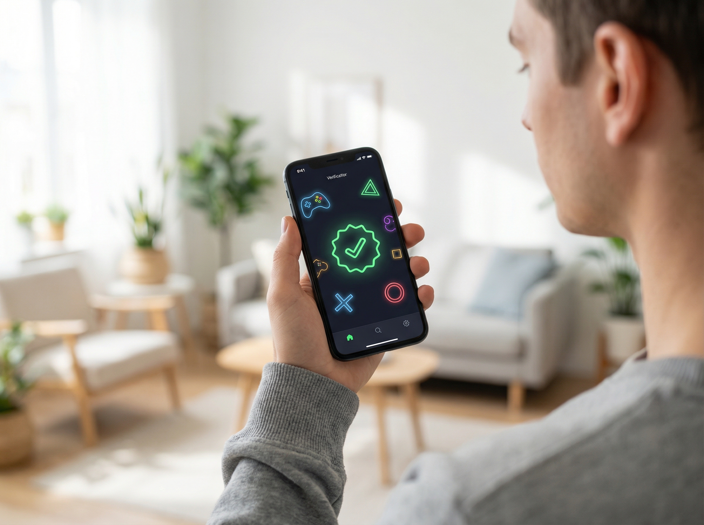 A young person holding a smartphone showing a secure gaming interface with a verification checkmark icon, soft bright lighting, modern living room background, high resolution, 4:3 aspect ratio, no text.