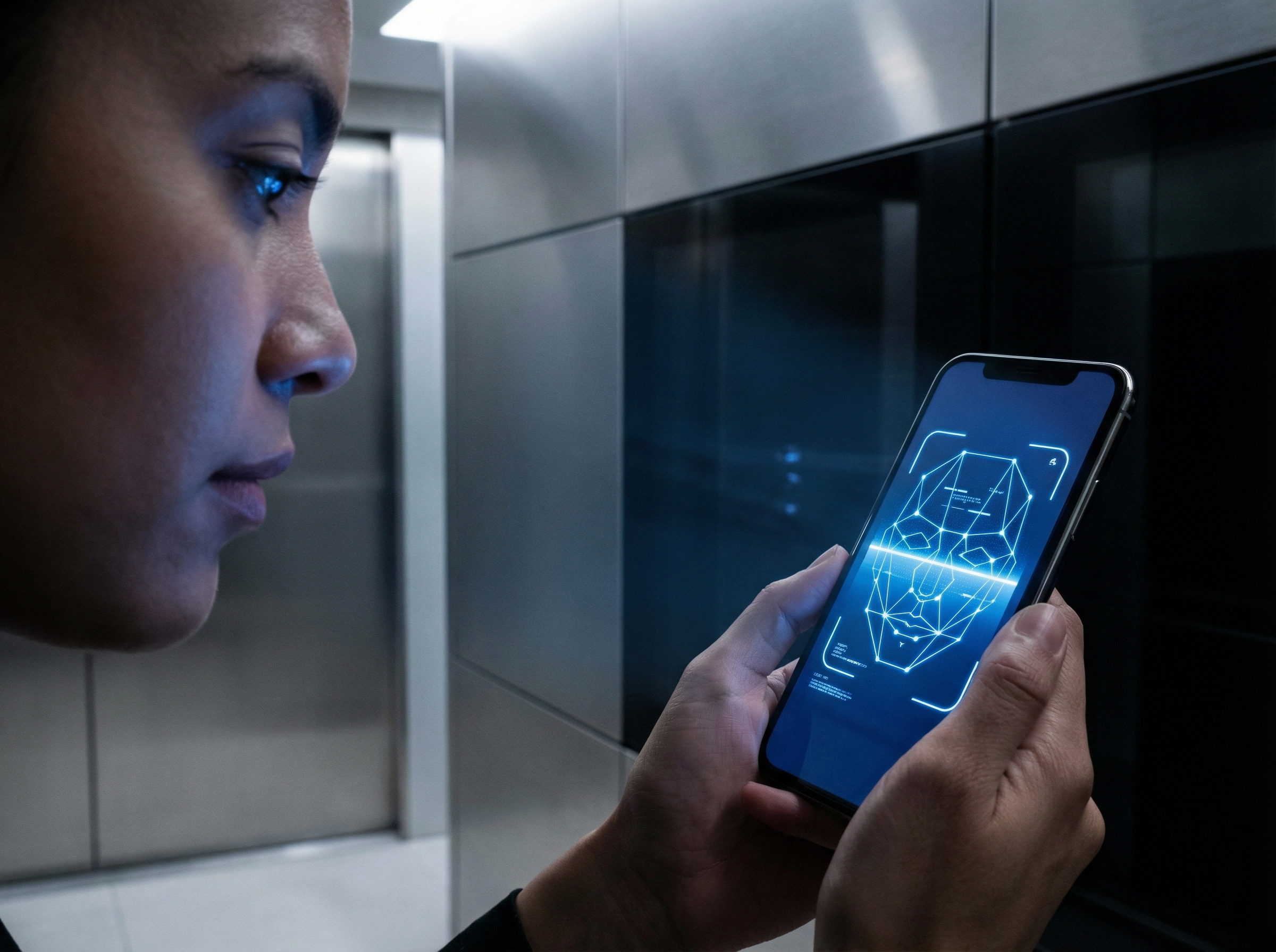 A close up of a person holding a mobile phone performing facial recognition scanning, glowing blue interface lines on screen, clean tech style, high contrast, 4:3 aspect ratio, no text.