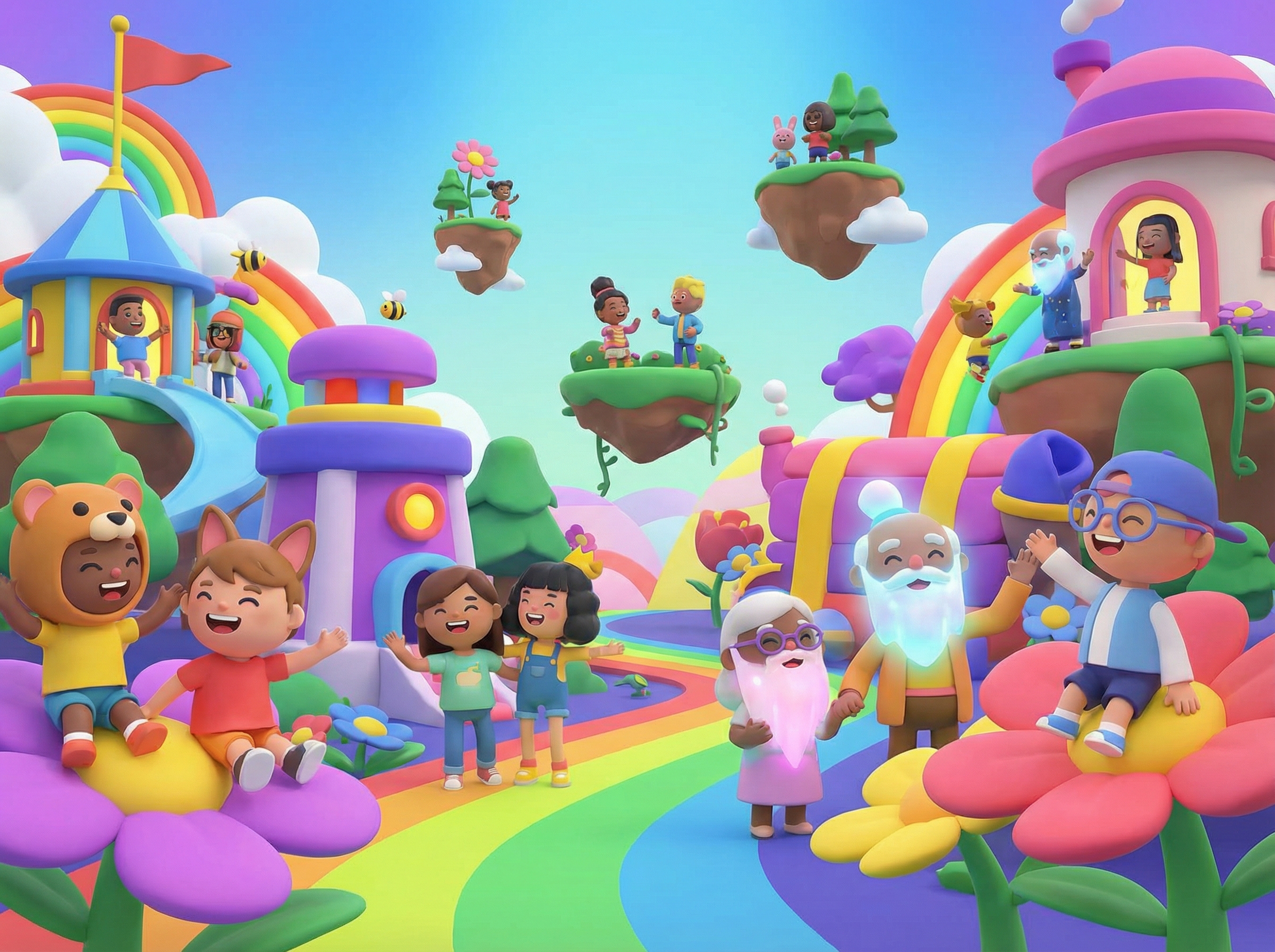 Diverse avatars representing different age groups interacting in a colorful 3D virtual park, friendly atmosphere, vibrant colors, wide angle, 4:3 aspect ratio, no text.