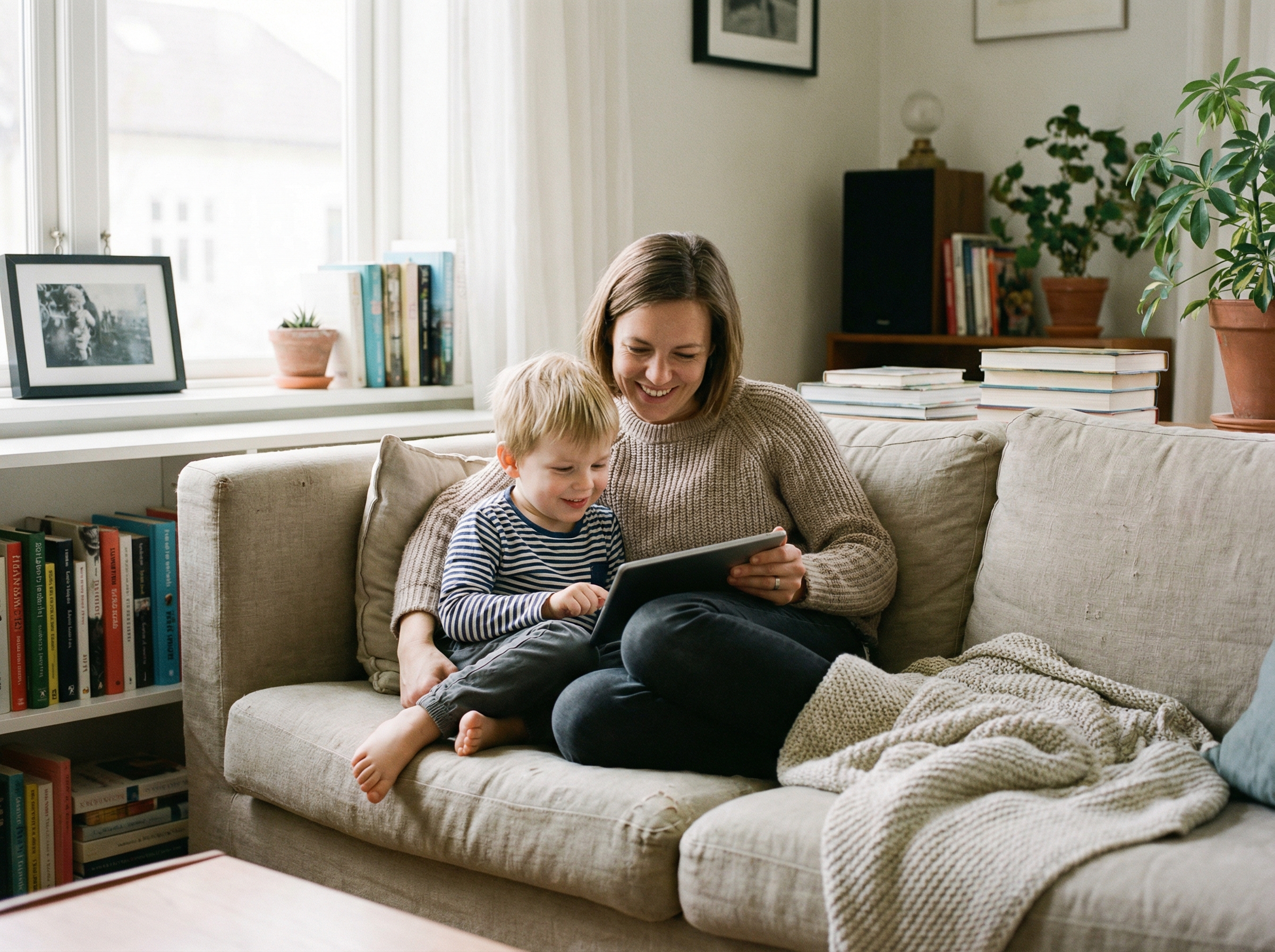 A mother and her young son sitting on a sofa looking at a tablet together, smiling, warm home environment, soft natural lighting, realistic photography style, 4:3 aspect ratio, no text.