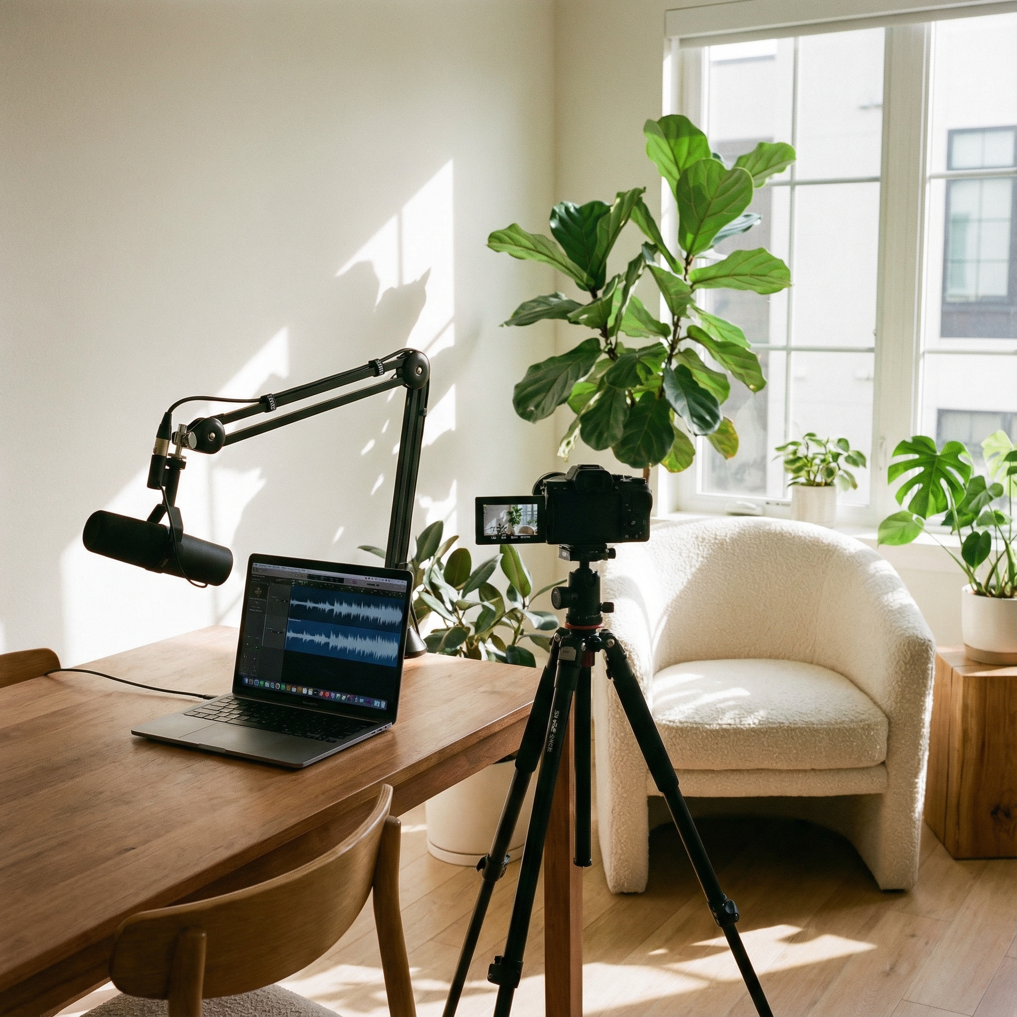 A modern and clean home podcasting setup with a high-quality microphone, a camera on a tripod, and a laptop screen displaying audio waveforms. Bright natural lighting from a window, indoor plants in the background, professional and cozy atmosphere. No text, 1:1 aspect ratio.