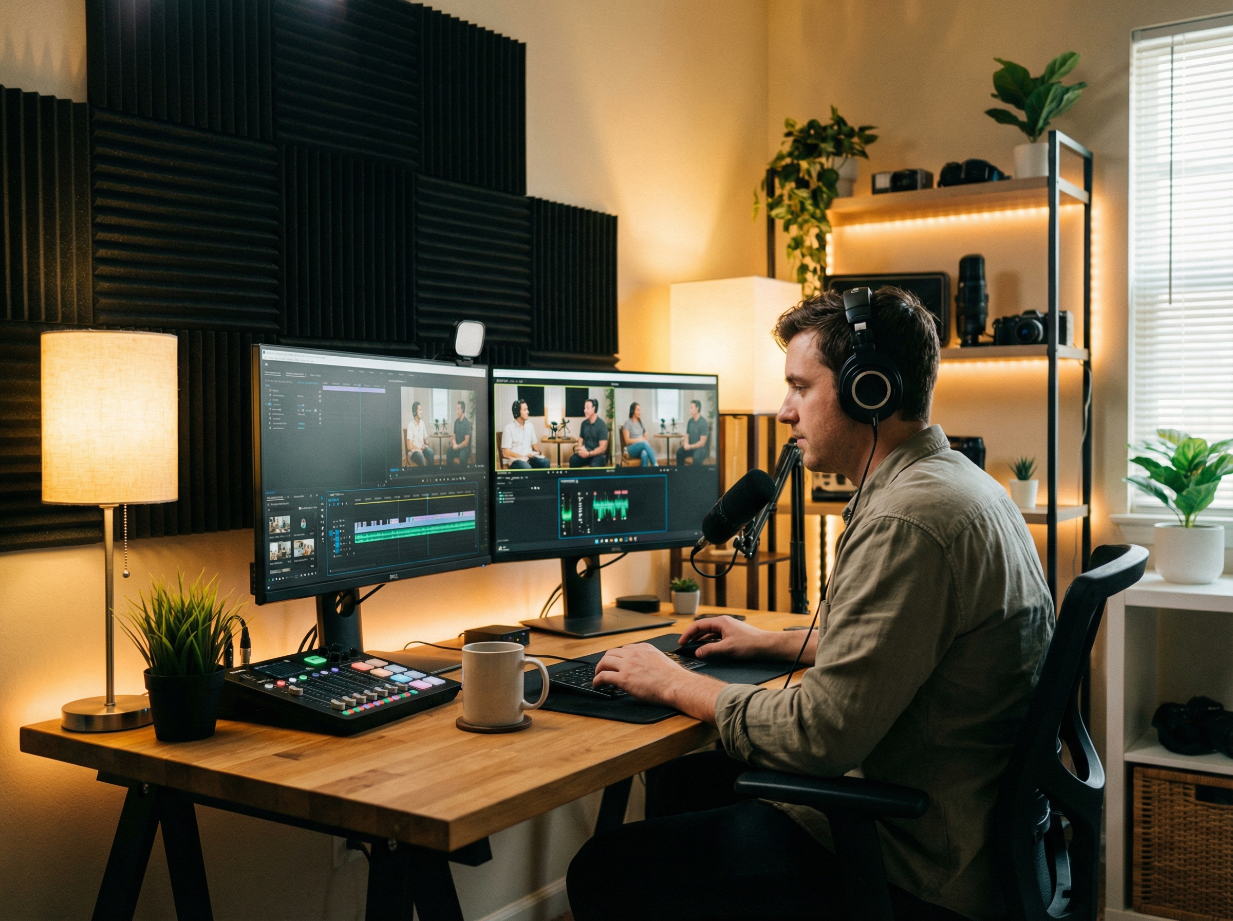 A creator sitting at a desk with dual monitors, editing a video podcast. The room has warm ambient lighting and soundproofing foam on the walls. The person looks focused and professional. Realistic photography, warm lighting, 4:3 aspect ratio.