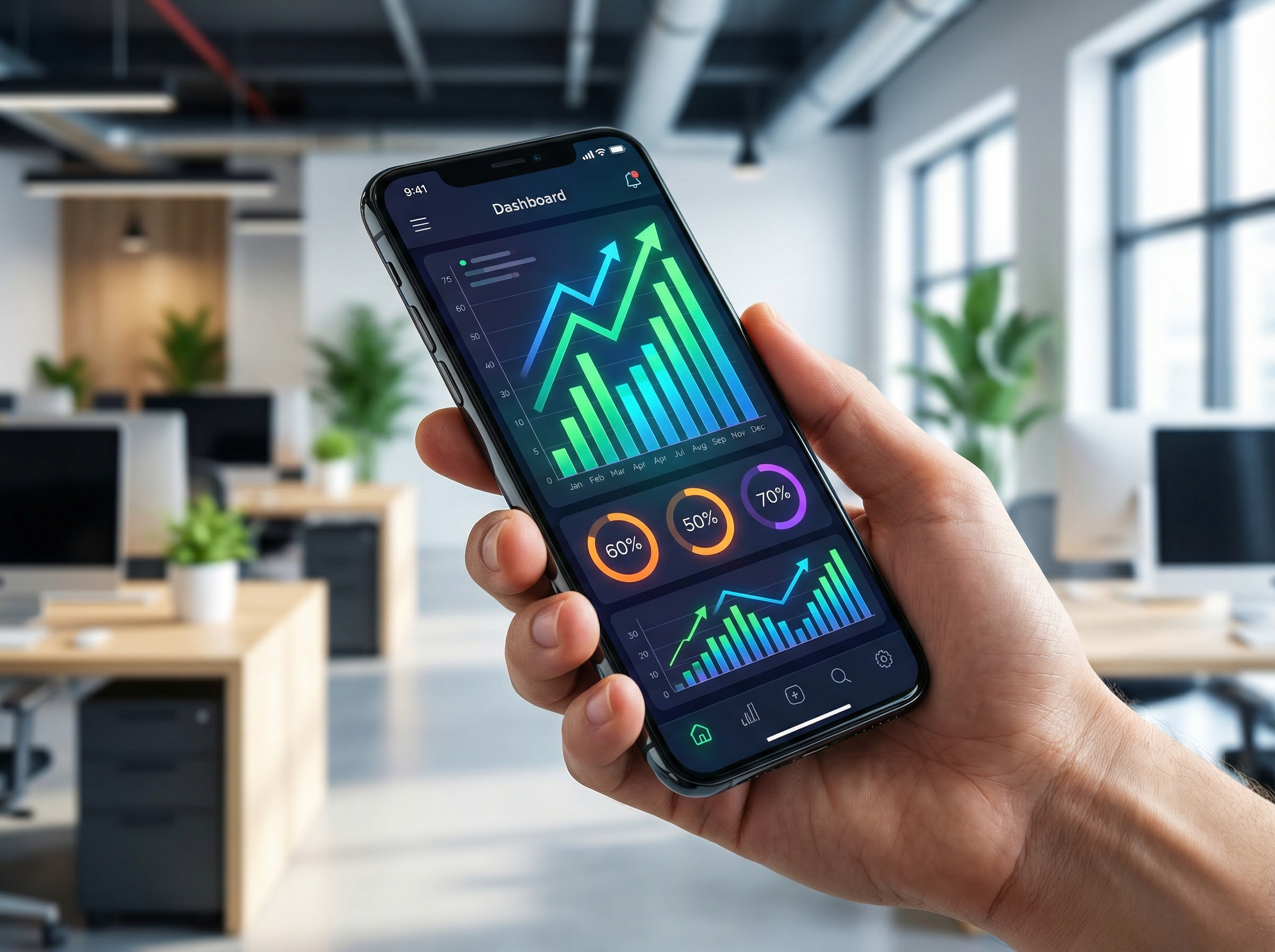 A hand holding a smartphone showing a colorful mobile app interface with rising growth charts and engagement metrics. The background is a blurred modern office setup. Informational style, high contrast, clean layout, no text, 4:3 aspect ratio.