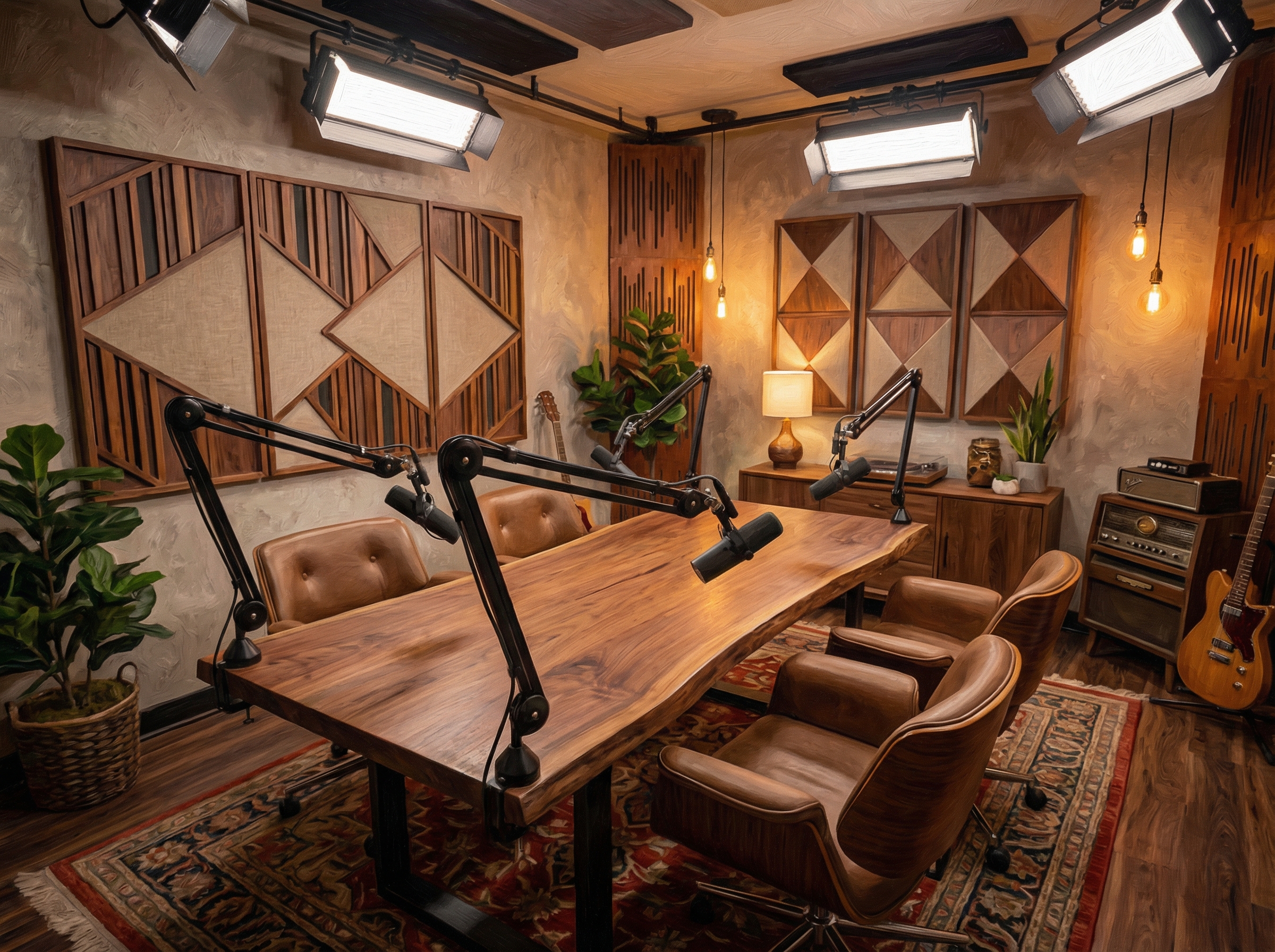 Interior of a high-end professional podcast studio with multiple microphones, comfortable chairs around a wooden table, and soft studio lighting. Sound-absorbing panels on the walls with a stylish modern design. Textured background, artistic rendering, 4:3 aspect ratio.