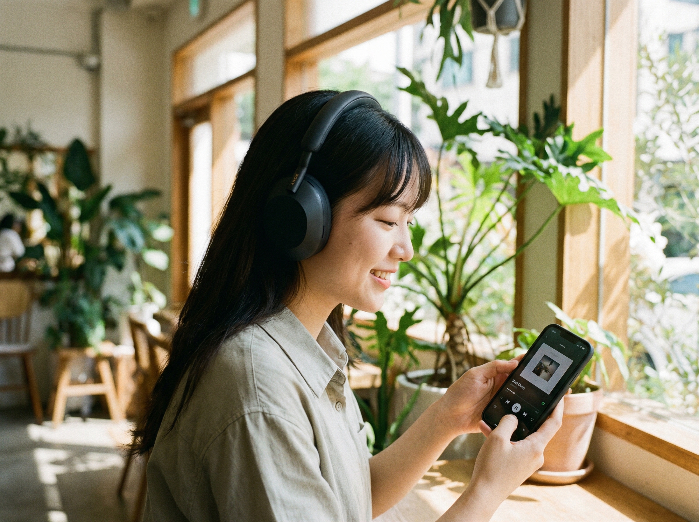 A lifestyle photograph of a young Korean person using a smartphone with Spotify interface visible, wearing modern headphones, bright natural lighting, artistic composition, aspect ratio 4:3, no text.