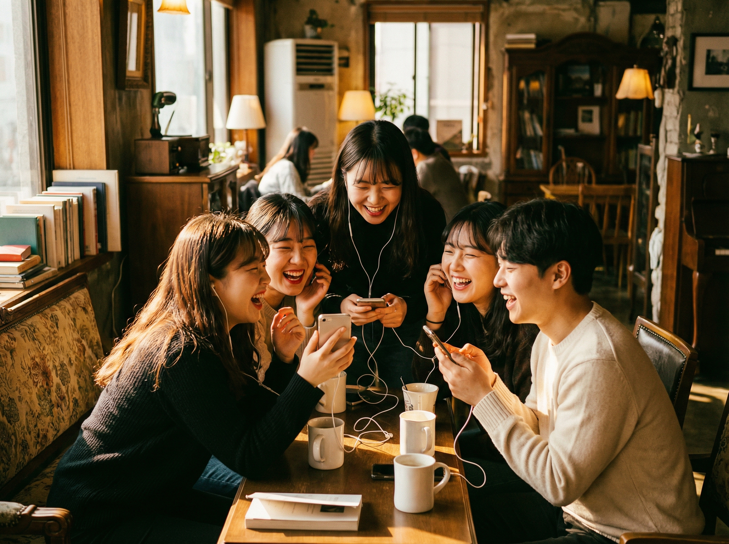 A group of Korean friends laughing and sharing music through their phones in a cozy cafe, warm lighting, high contrast, lifestyle photography, aspect ratio 4:3, no text.