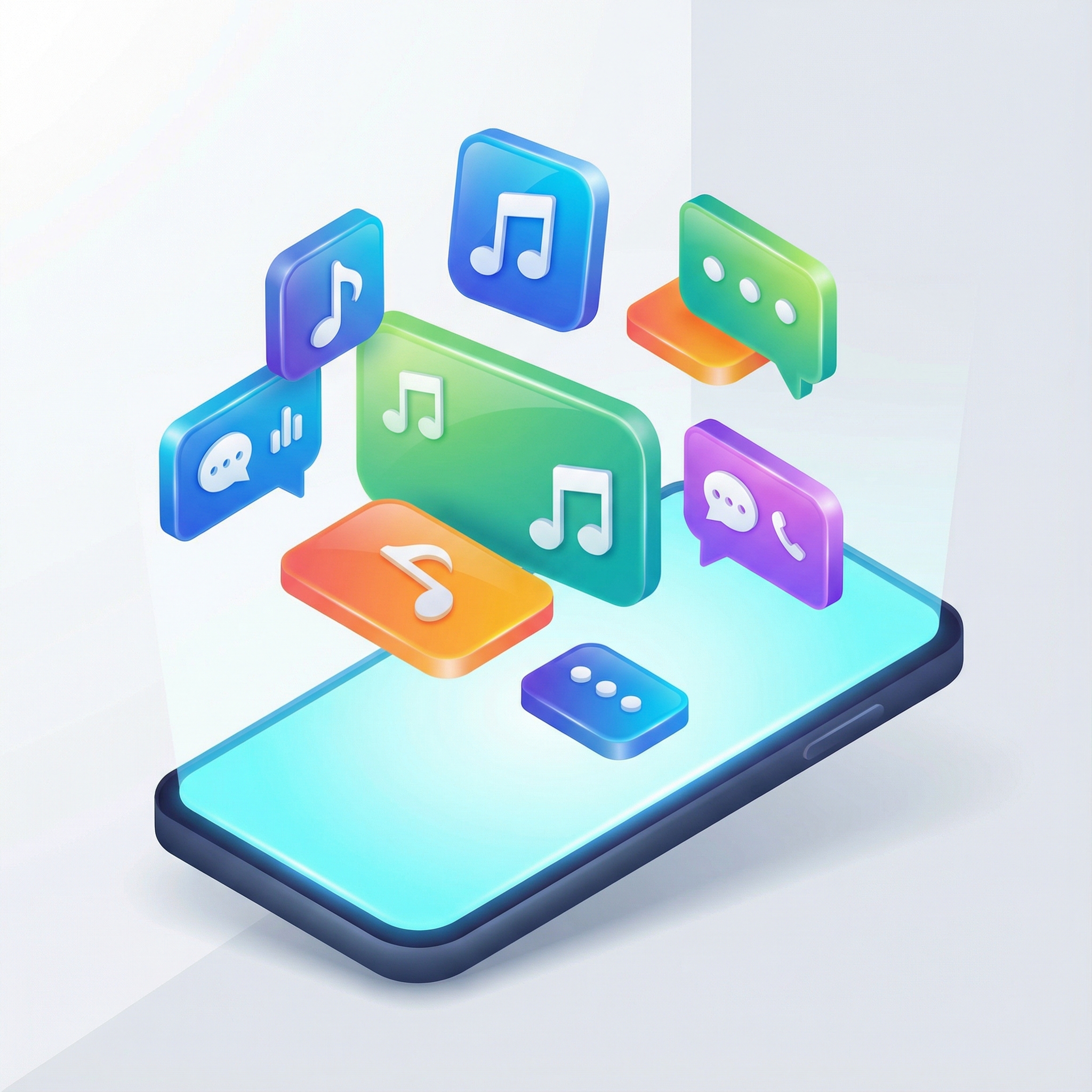 A modern 3D illustration of smartphone notifications with music notes and chat bubbles, vibrant colors, clean layout, professional style, aspect ratio 1:1, no text.