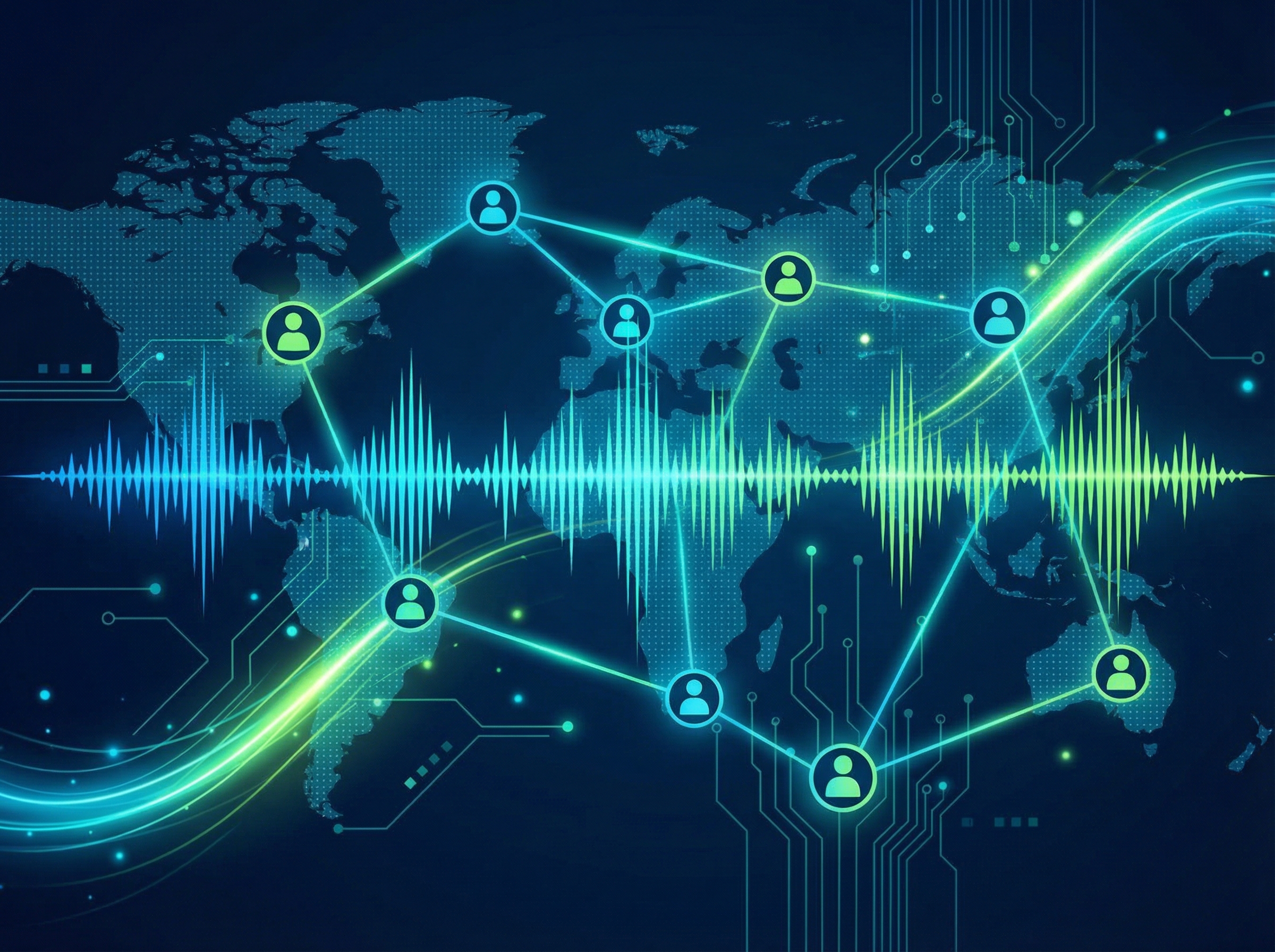 A clean infographic-style illustration showing music waveforms connecting people across a digital network, modern aesthetic, blue and green color palette, high contrast, aspect ratio 4:3, no text.
