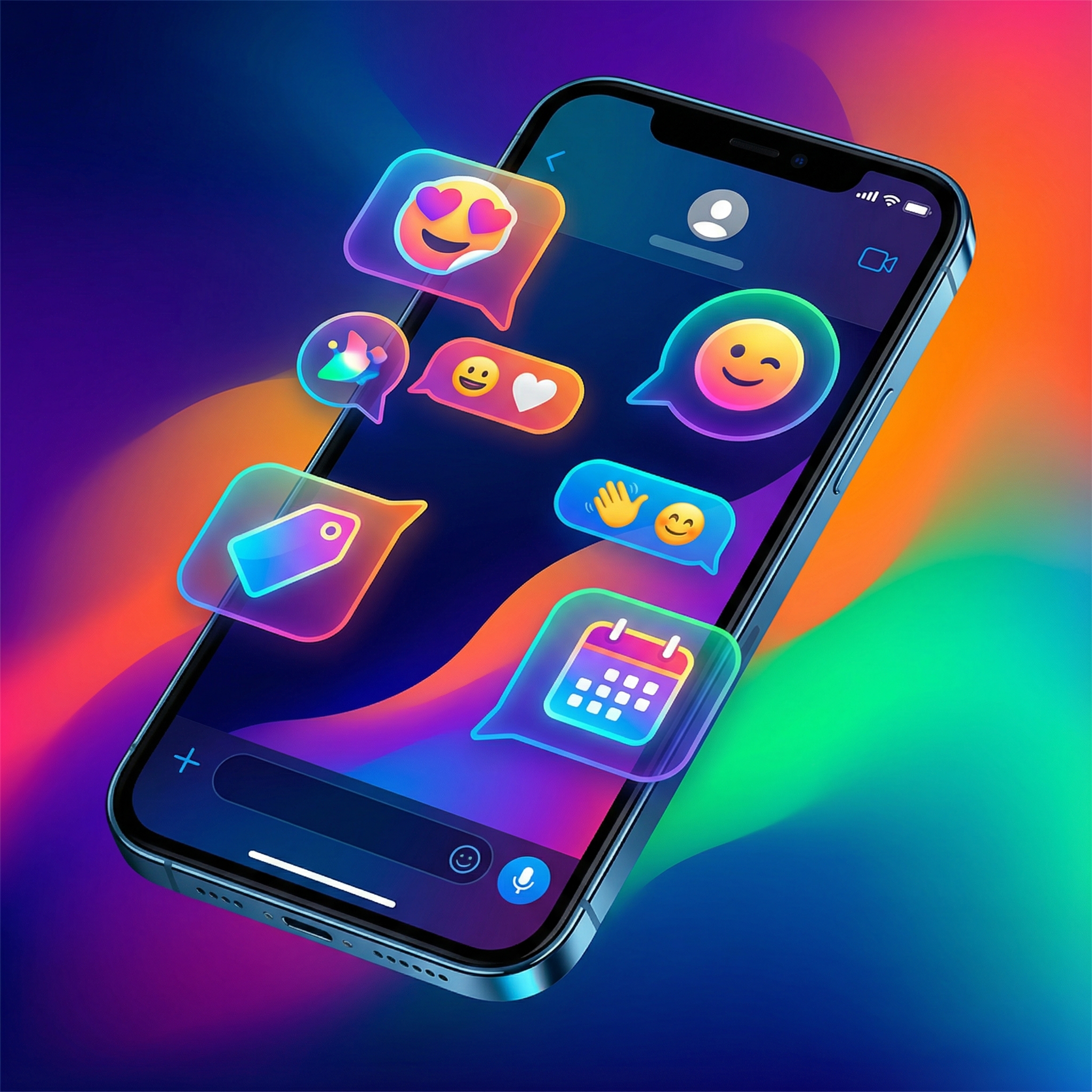 A modern smartphone displaying a messaging app with colorful floating icons representing stickers tags and calendar reminders on a vibrant gradient background high contrast professional digital illustration 1:1 no text