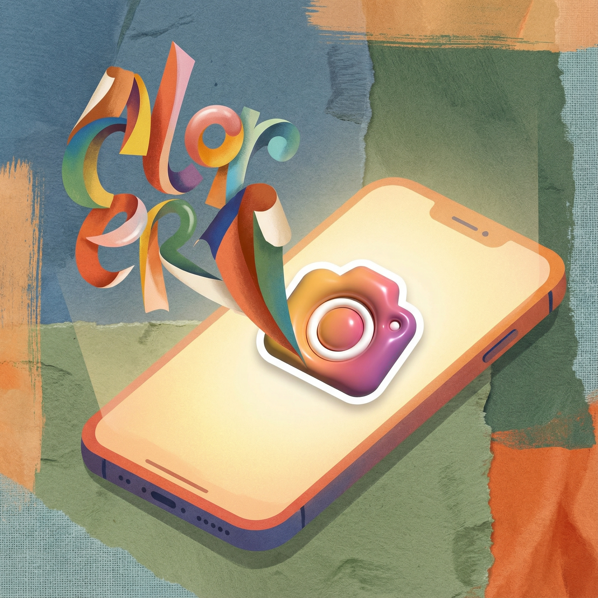 A creative digital artwork showing colorful typography being transformed into a 3d sticker on a mobile screen artistic rendering textured background 1:1 no text