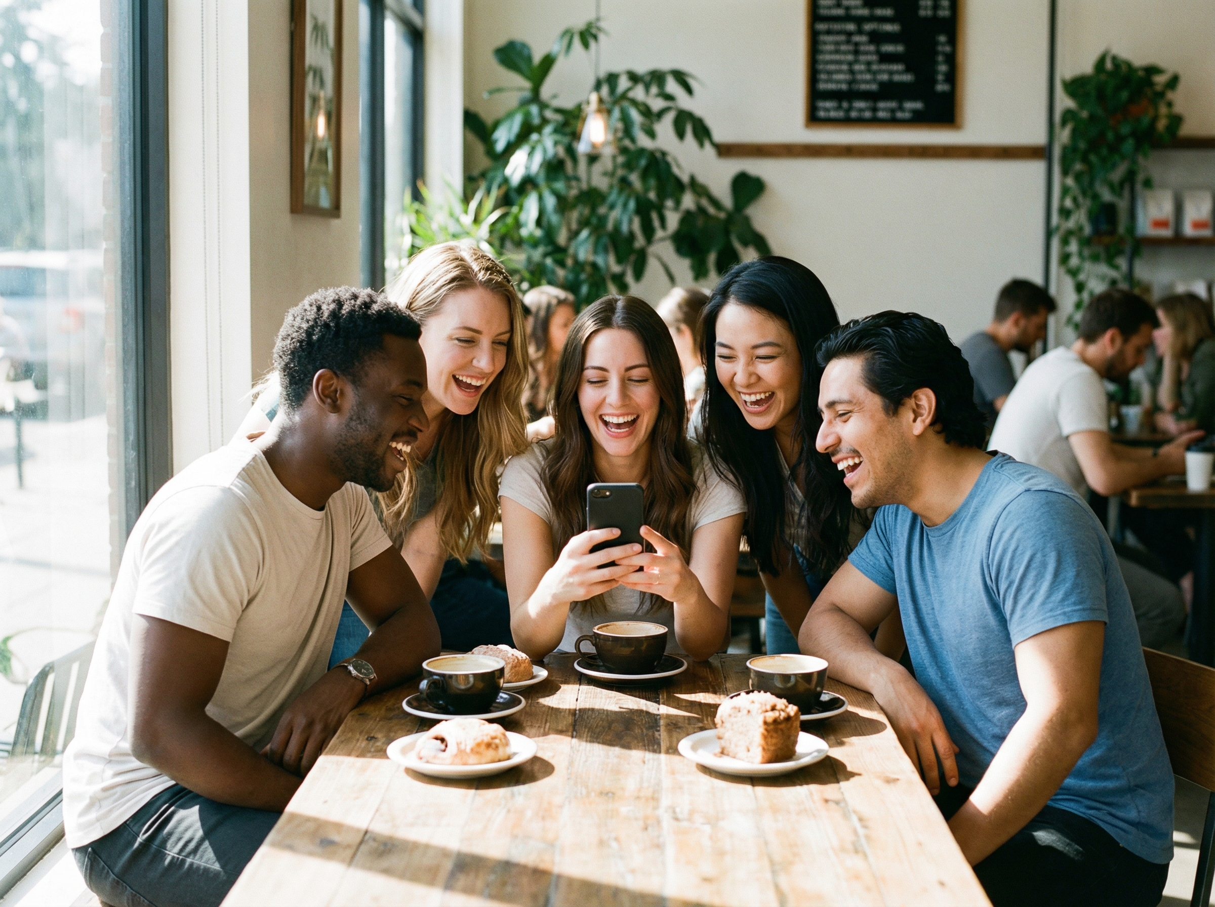 A group of diverse friends meeting at a cafe looking at a smartphone together laughing lifestyle photography natural sunlight 4:3 no text