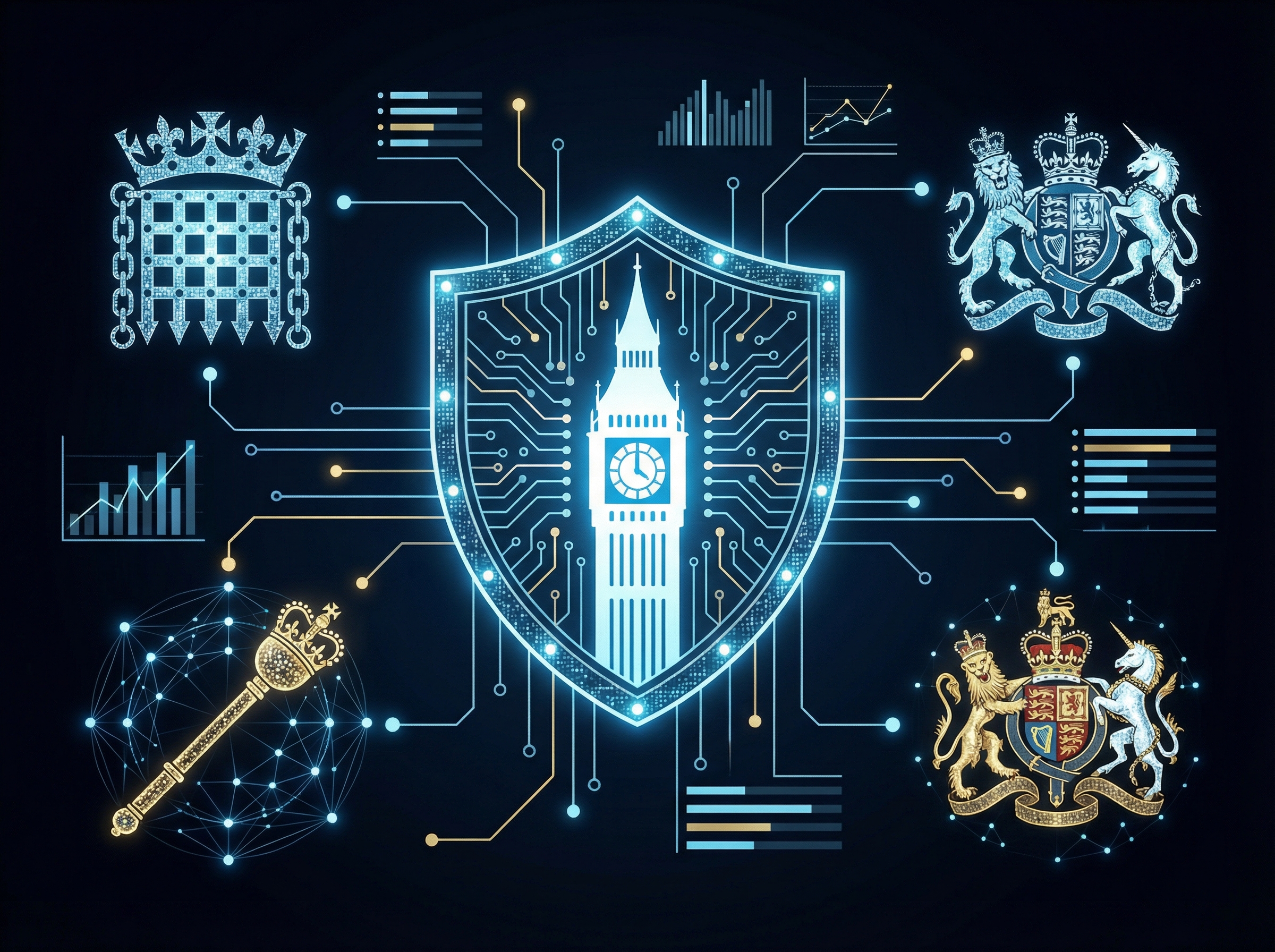 A modern digital security interface with a focus on UK Parliament symbols like the Big Ben silhouette, high contrast, clean infographic style, 4:3 aspect ratio, no visible text