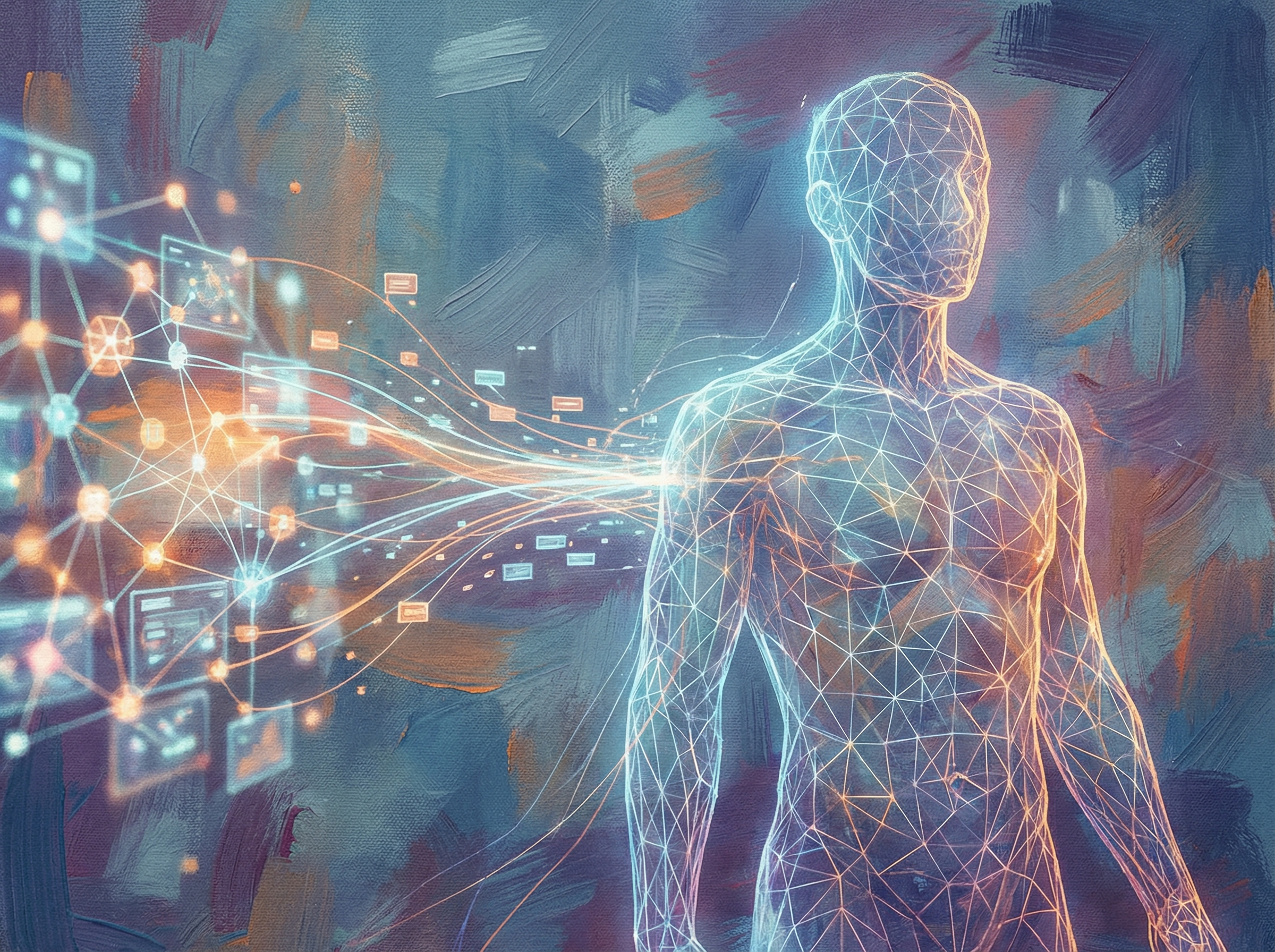 A conceptual representation of AI generating images showing a digital mesh over a human silhouette, artistic rendering, textured background, 4:3 aspect ratio, no visible text