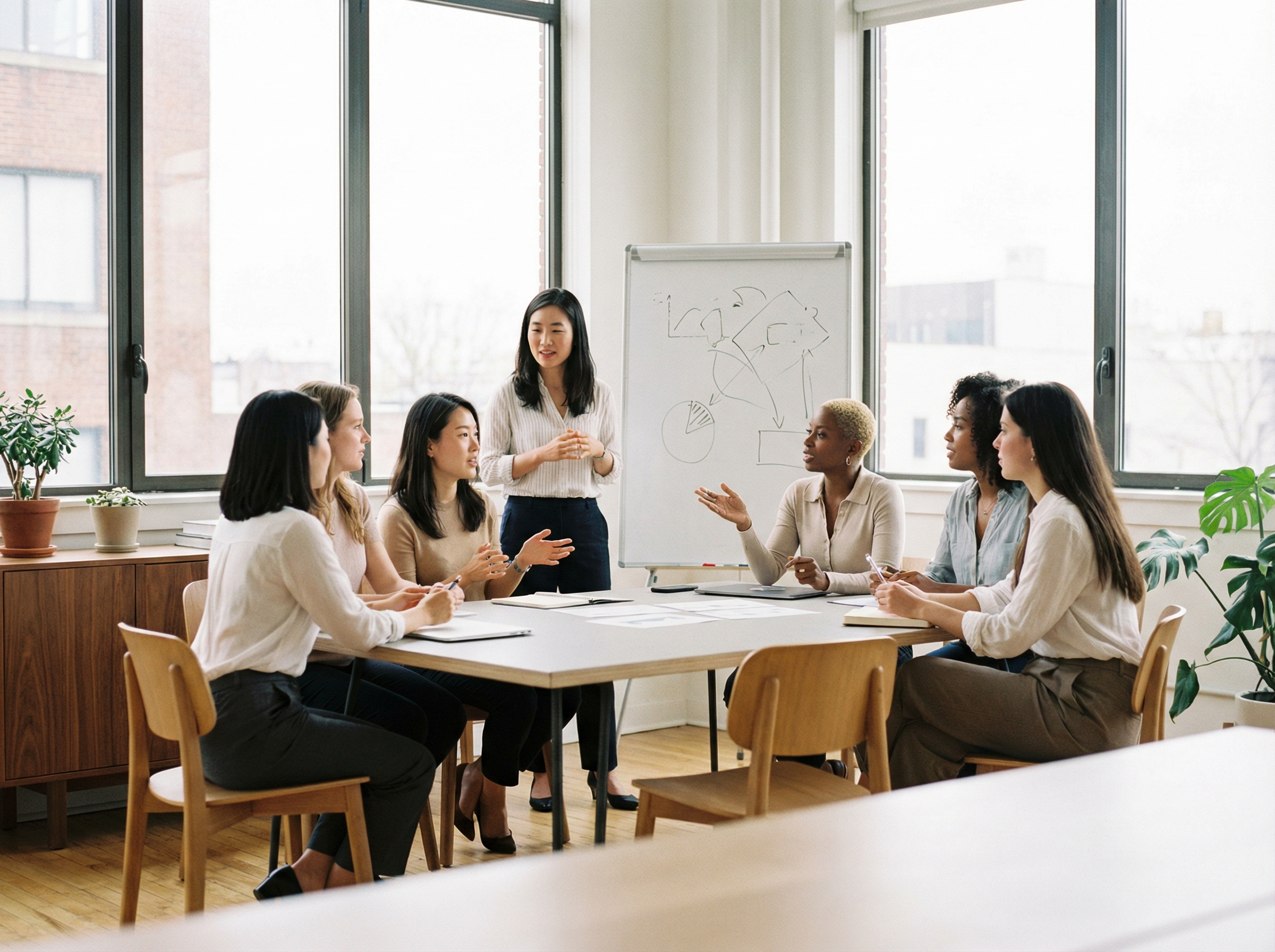 A group of diverse professional women in a bright meeting room discussing digital ethics, natural lighting, Korean appearance for some, 4:3 aspect ratio, no visible text
