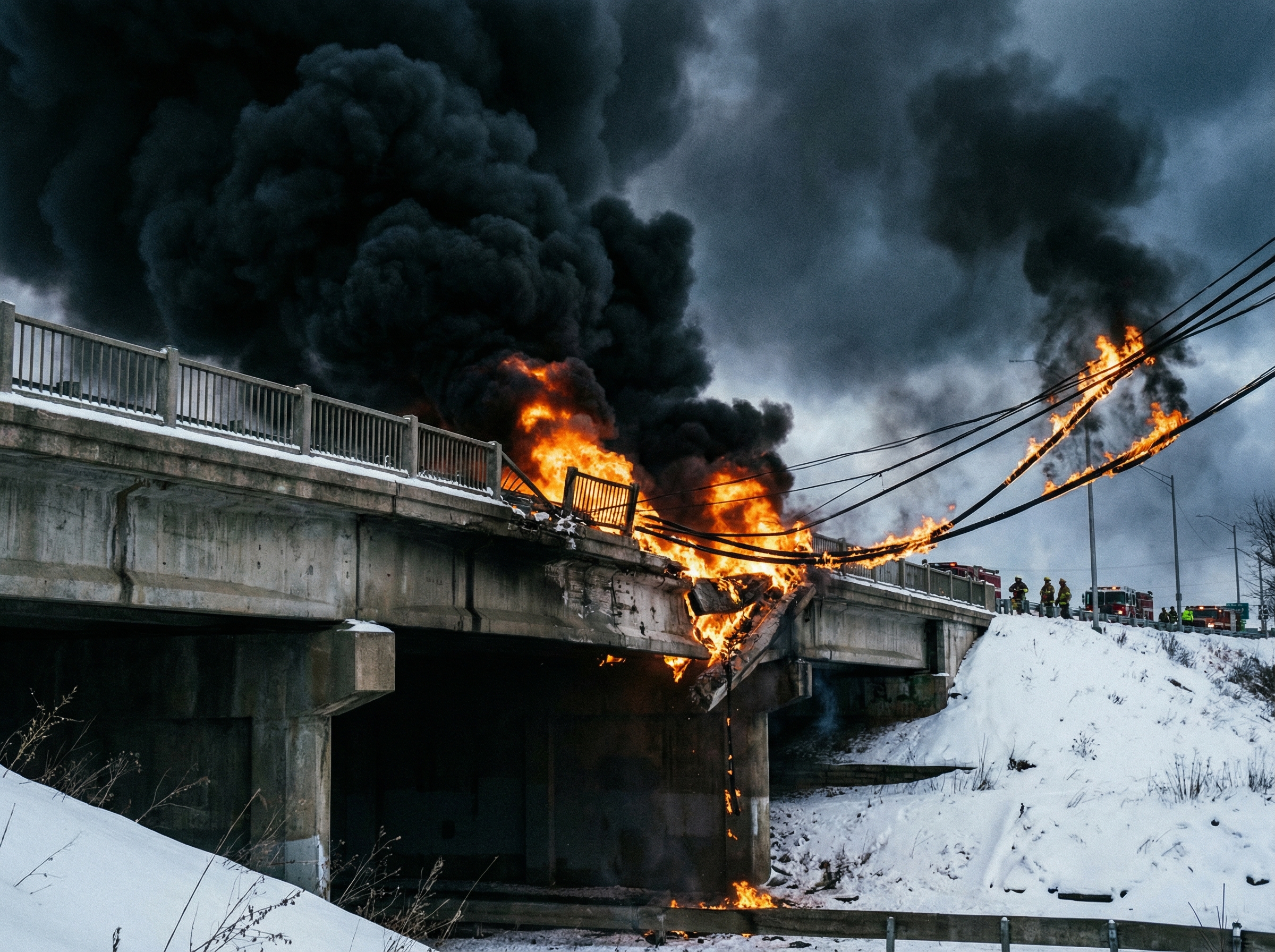 A realistic photo of a concrete bridge carrying high-voltage industrial cables with a localized intense fire and thick black smoke rising, snow on the ground around the bridge, dramatic atmosphere, 4:3, no text