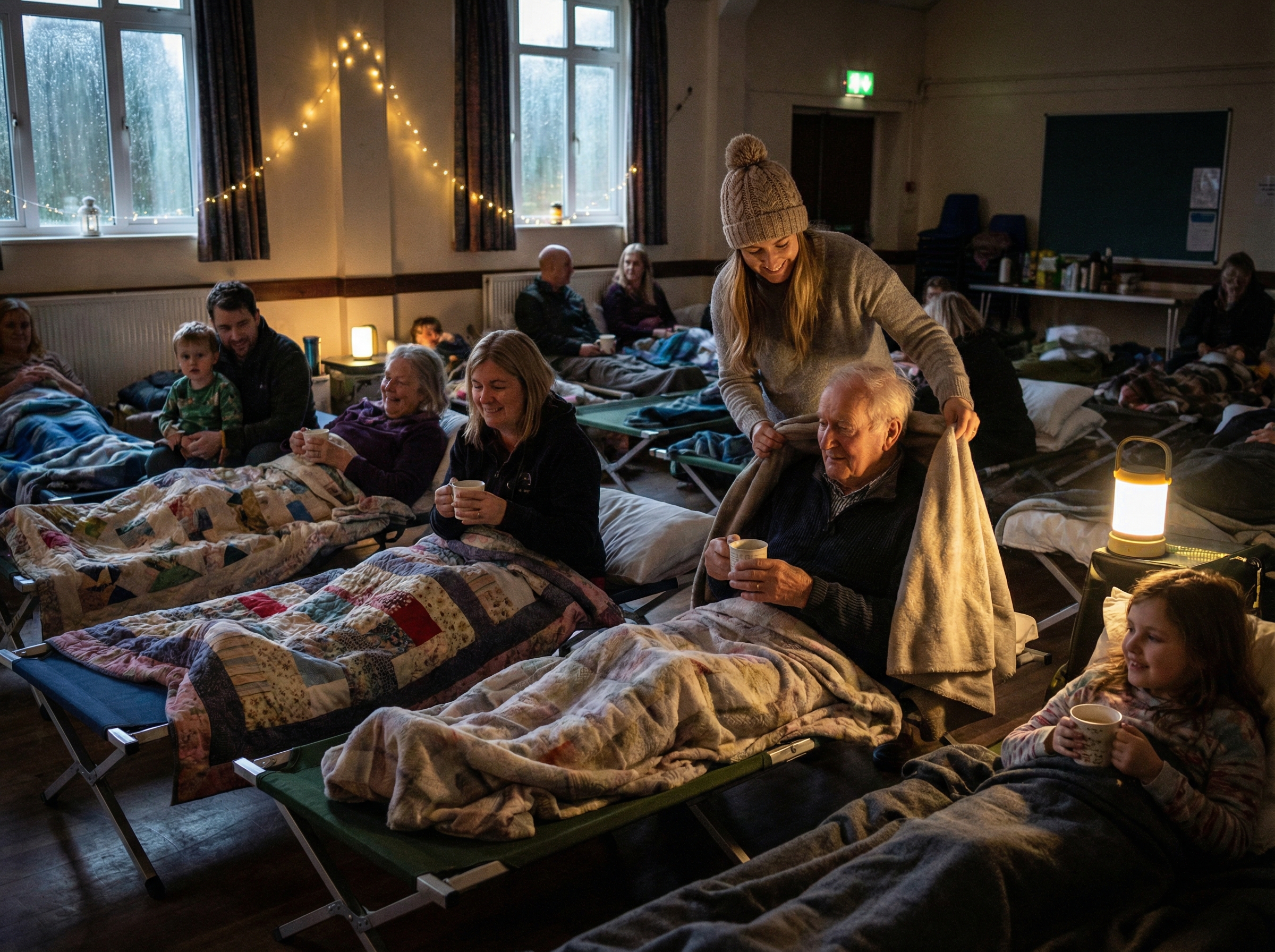 A realistic photography of people sharing blankets and hot drinks in a community hall with makeshift beds, diverse age groups helping each other, soft lighting, emotional and hopeful mood, 4:3, no text