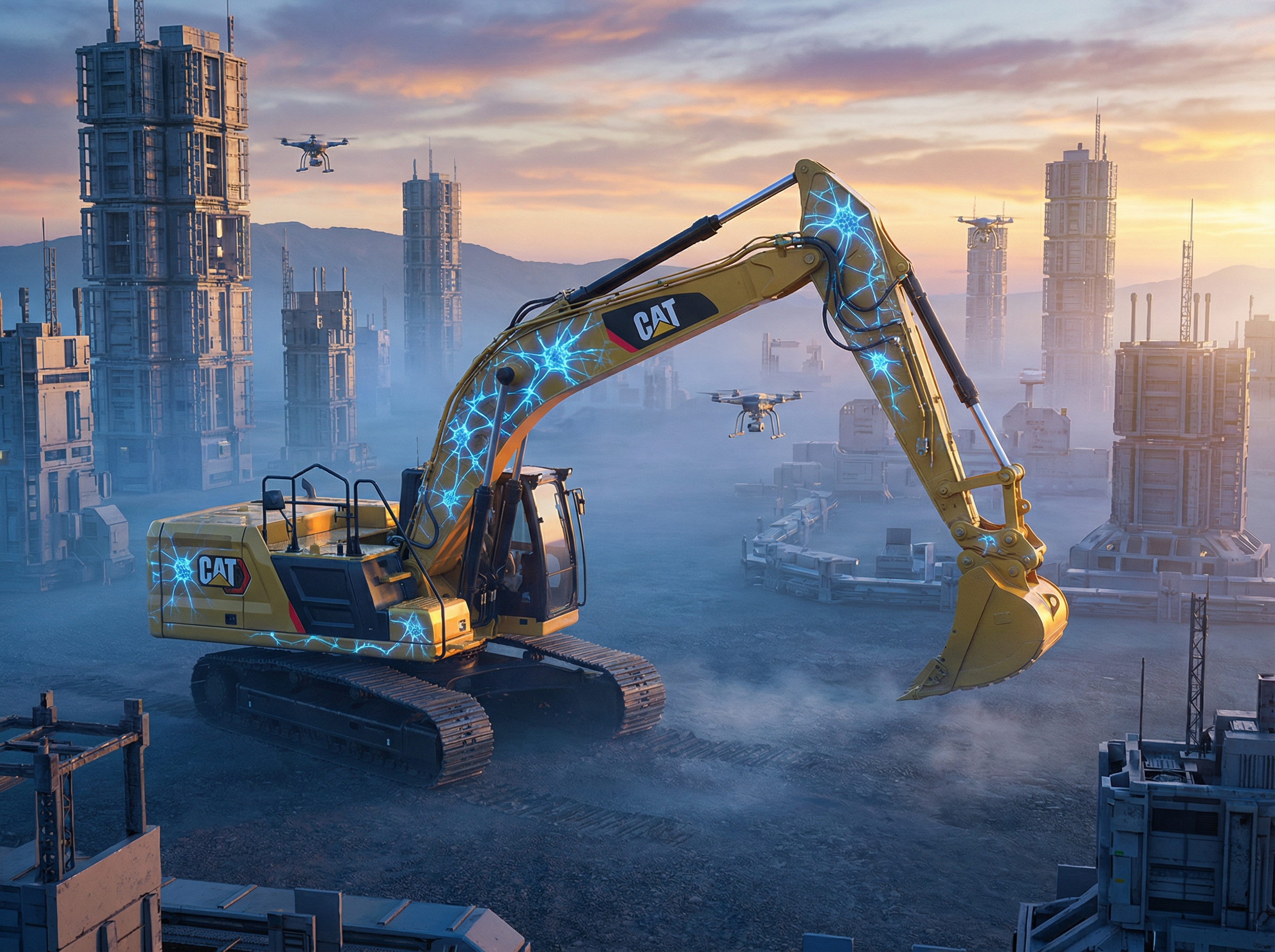 A futuristic yellow Caterpillar excavator operating in a high-tech construction site at dawn, glowing blue AI neural network patterns overlaying the machine body, cinematic lighting, 8k resolution, aspect ratio 4:3, no text.