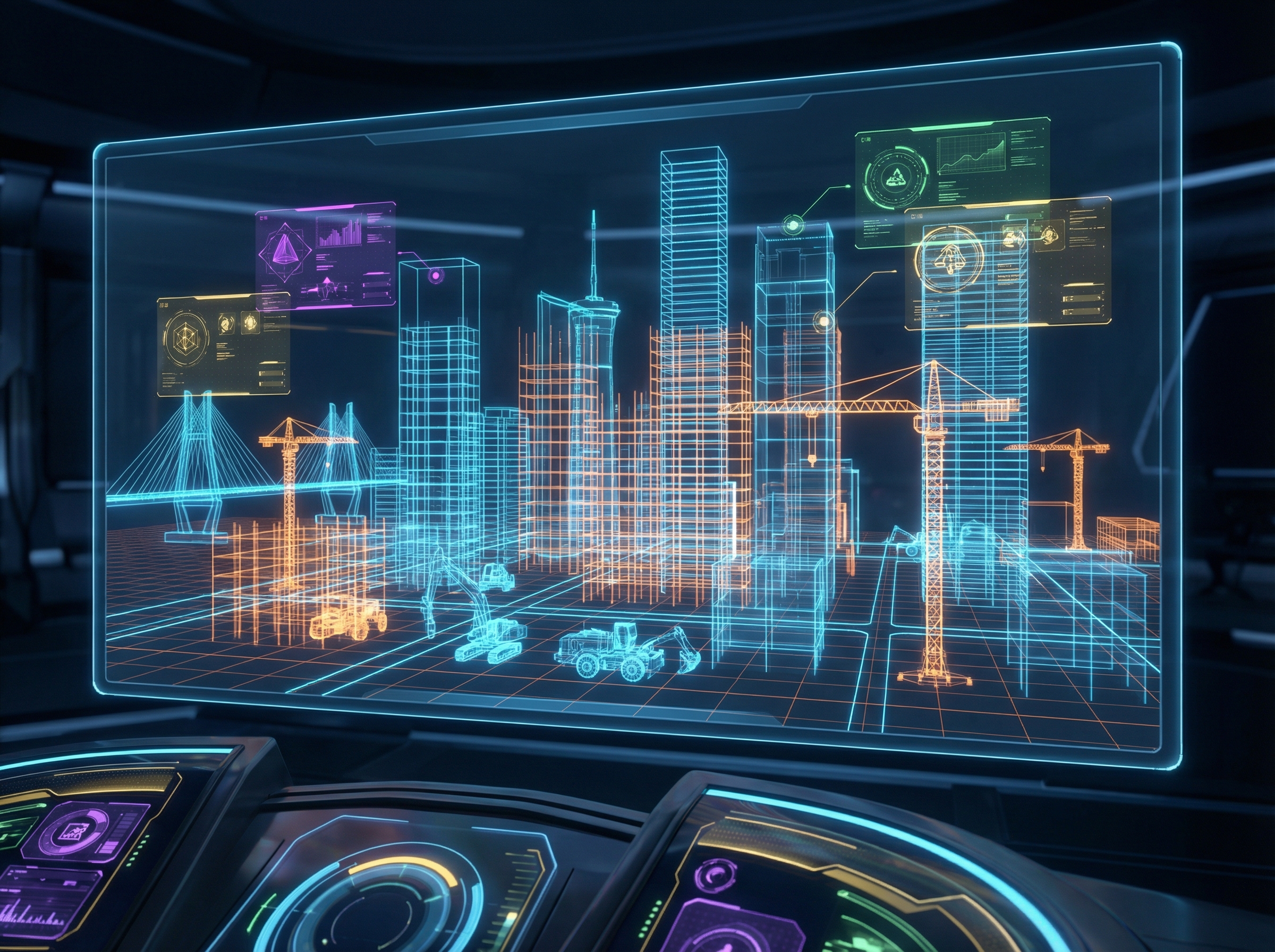 A 3D digital twin simulation of a city construction project, glowing grid lines and wireframe models of cranes and buildings, futuristic interface design, vibrant colors, aspect ratio 4:3, no text.