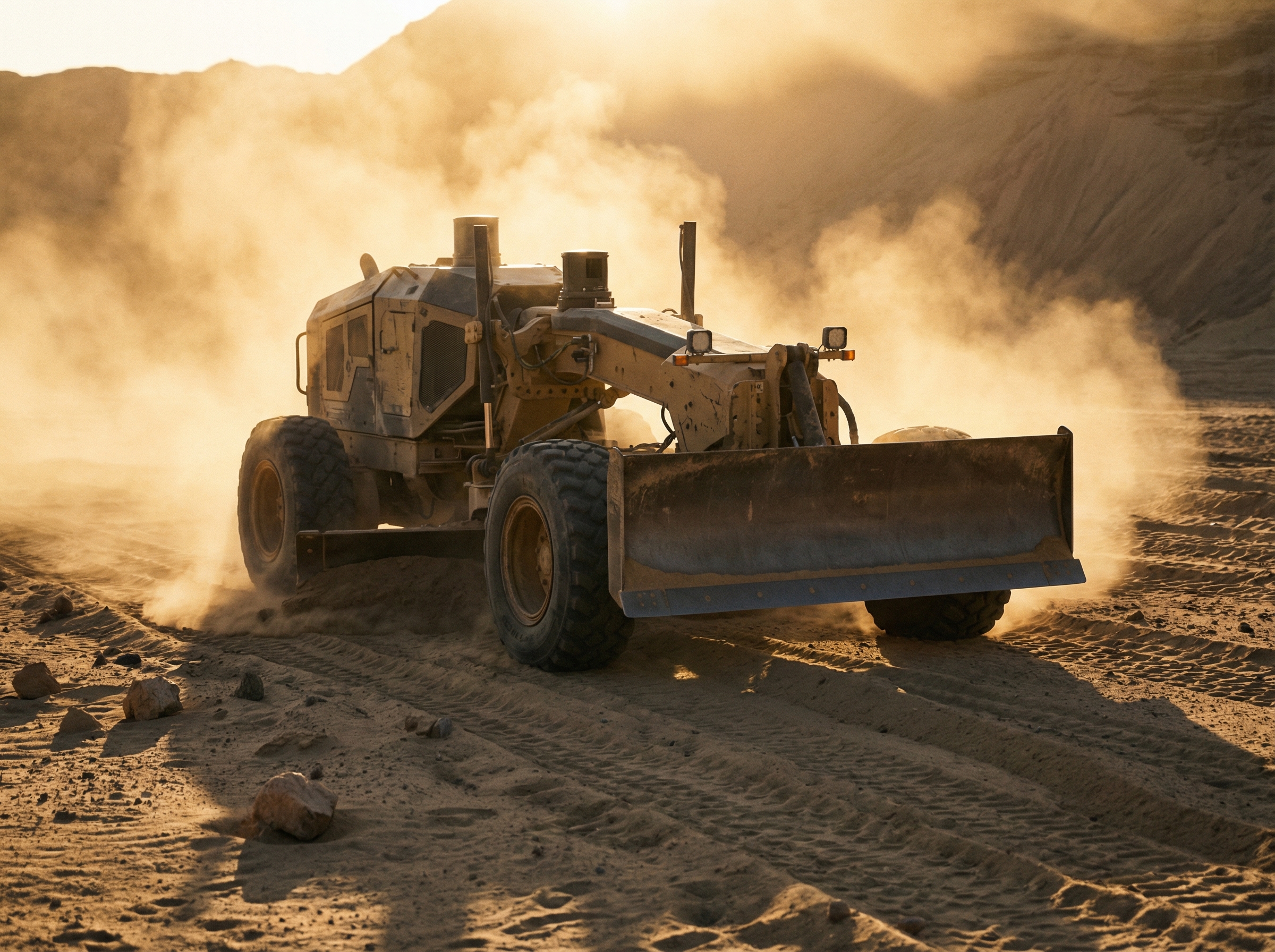 An autonomous construction robot leveling ground in a dusty environment, sunset backlighting, realistic textures of sand and metal, professional photography style, aspect ratio 4:3, no text.