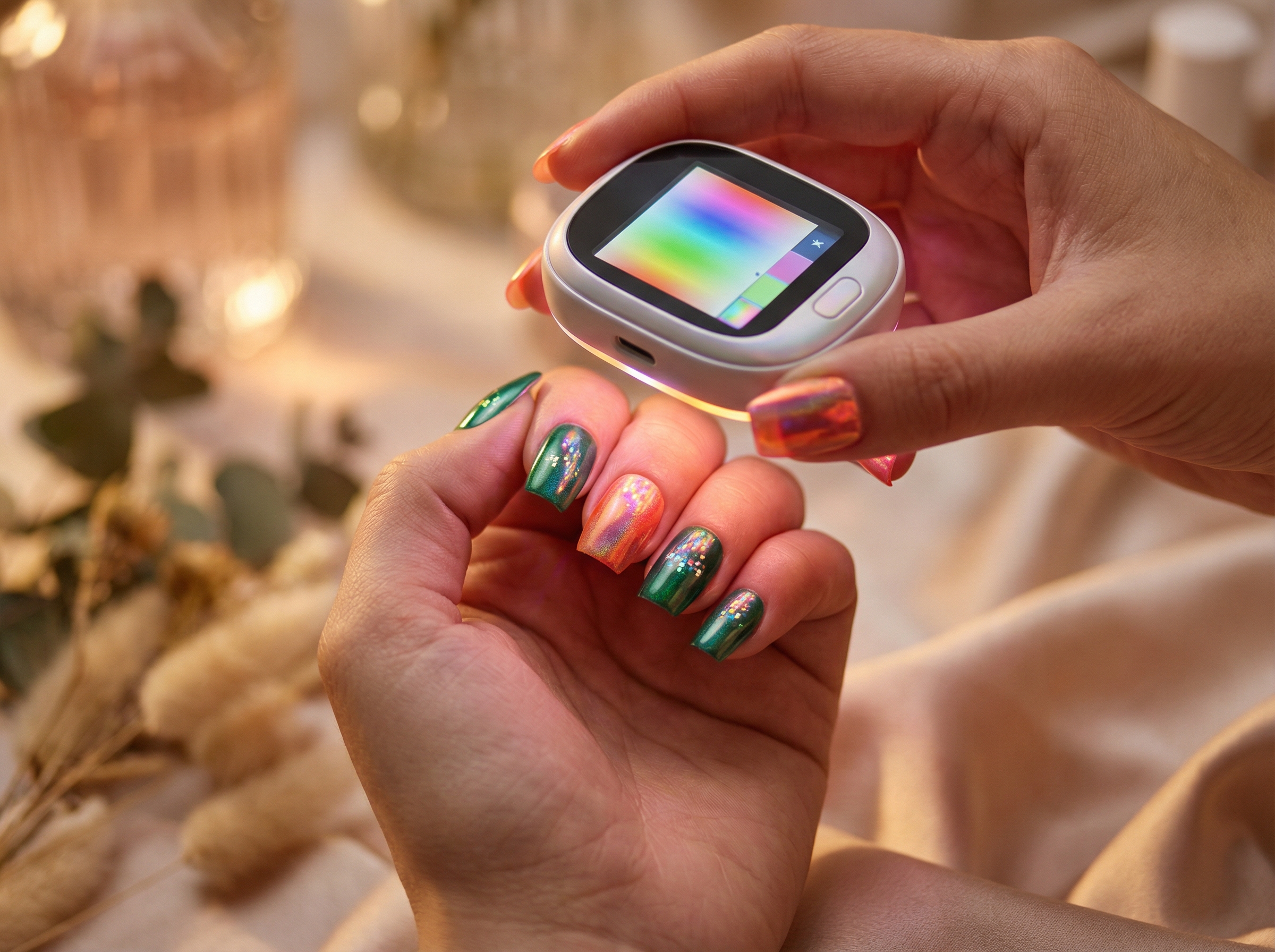 Close-up of a person using a small high-tech handheld device to change the color of their digital press-on nails, soft focus background, professional beauty photography style, 4:3, no visible text