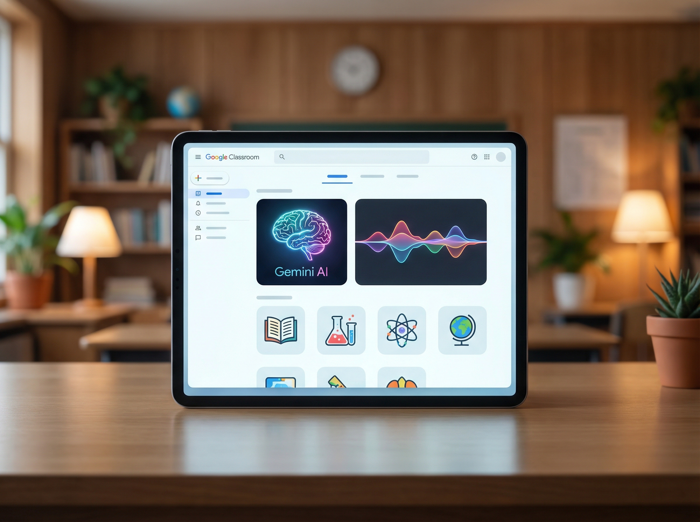 A clean modern digital classroom interface showing Google Classroom with a Gemini AI tab, podcast audio waveforms on screen, educational theme, soft lighting, 4:3, no text.