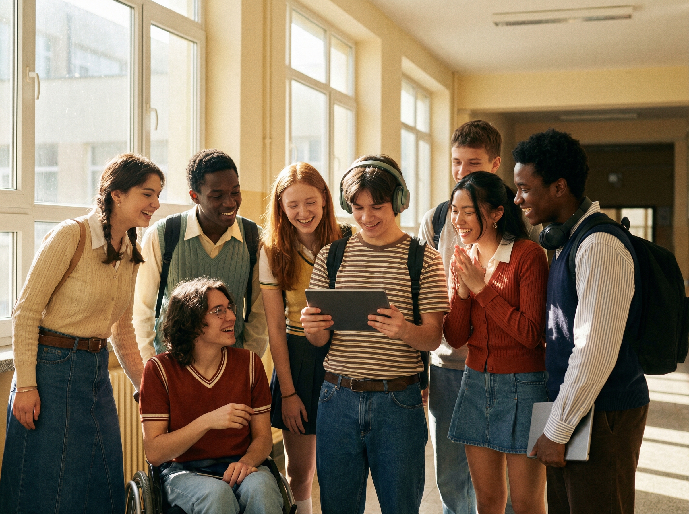 A group of diverse Gen Z students in a bright high school hallway wearing headphones and looking at a tablet, natural sunlight, lifestyle photography, 4:3, no text.