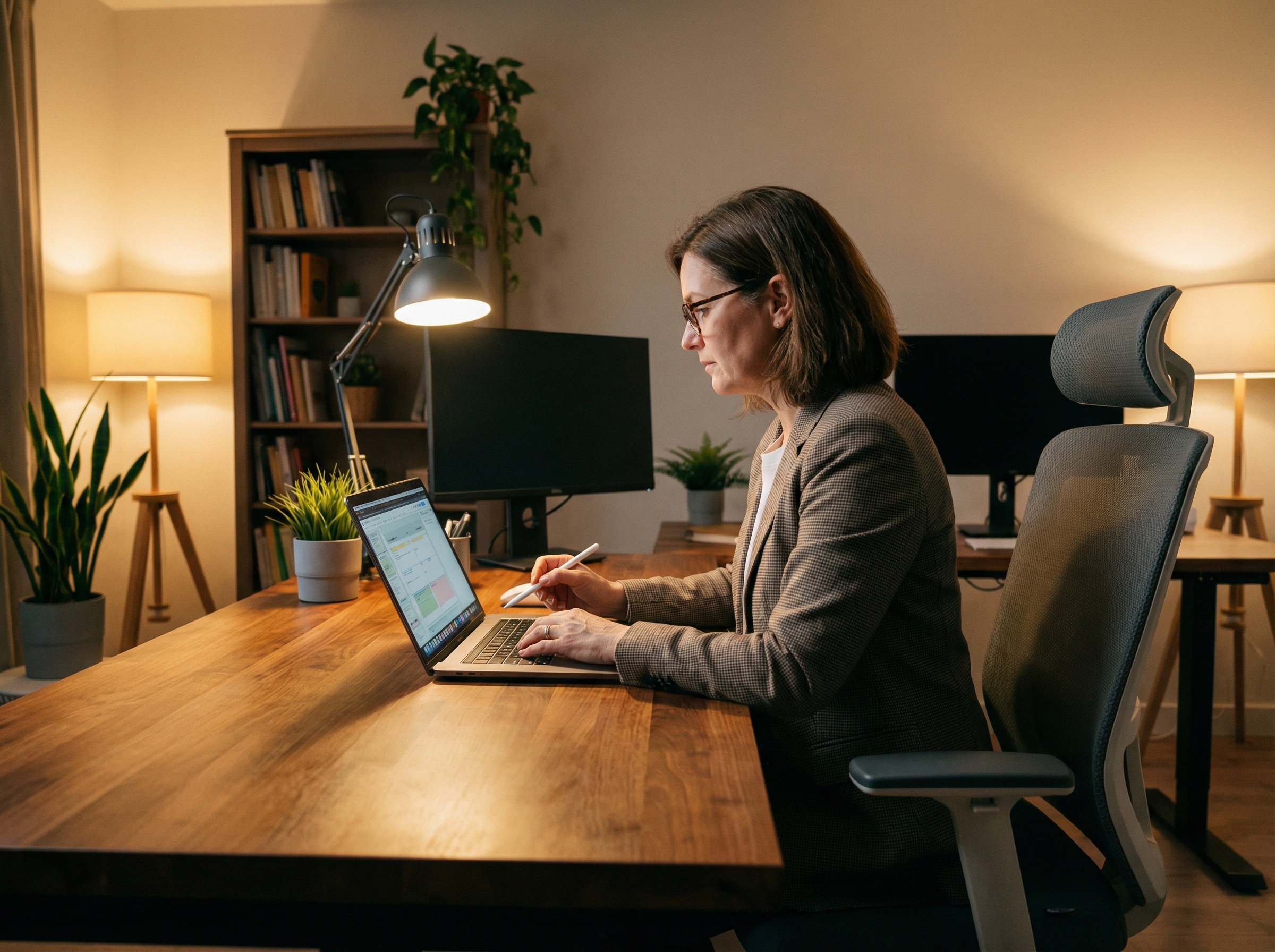 A professional teacher sitting at a wooden desk with a laptop, focusing on editing digital lesson plans, warm indoor lighting, modern office setup, 4:3, no text.