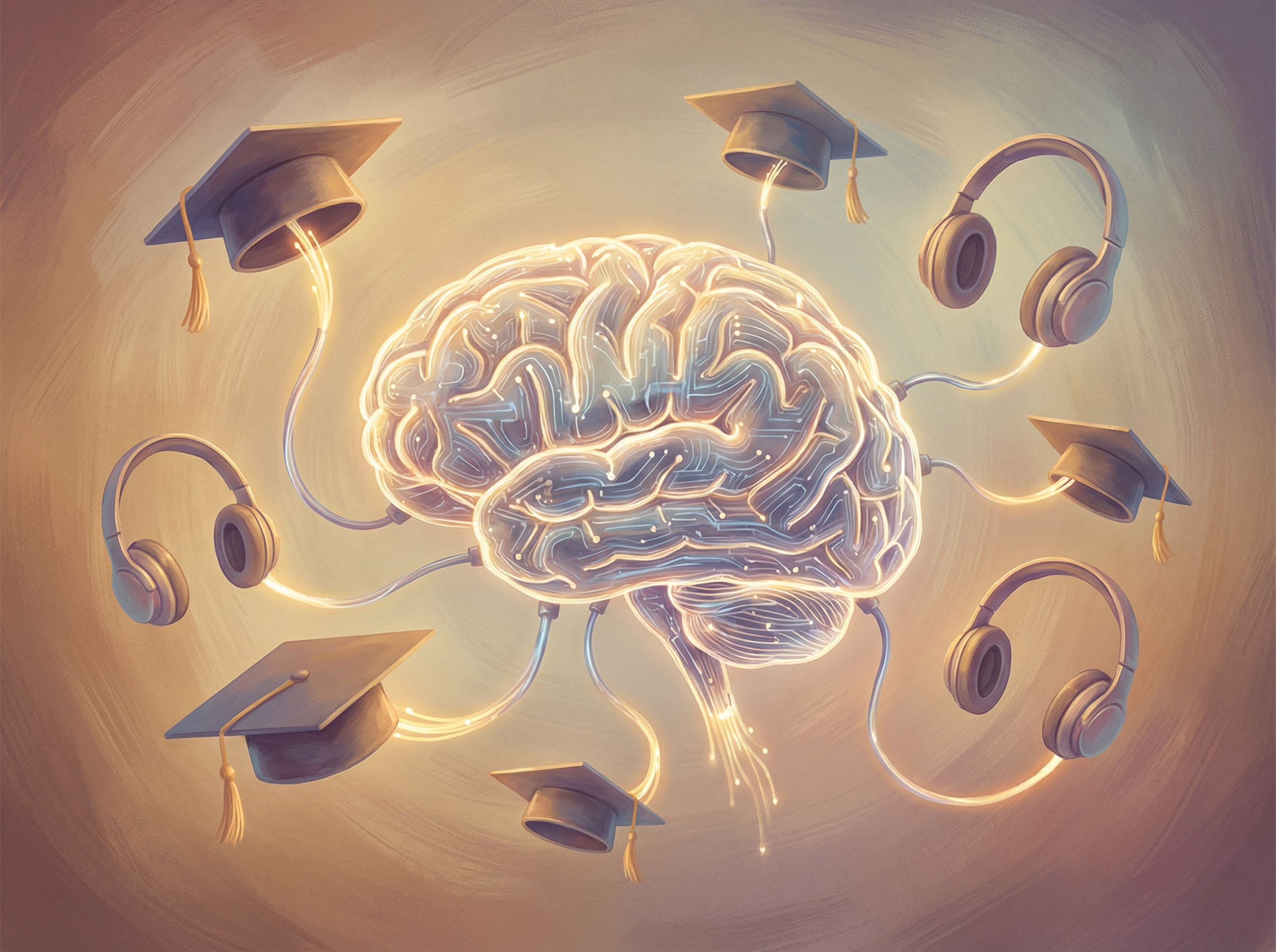 A futuristic yet warm illustration of a digital brain connected to graduation caps and headphones, soft glowing colors, textured background, artistic rendering, 4:3, no text.