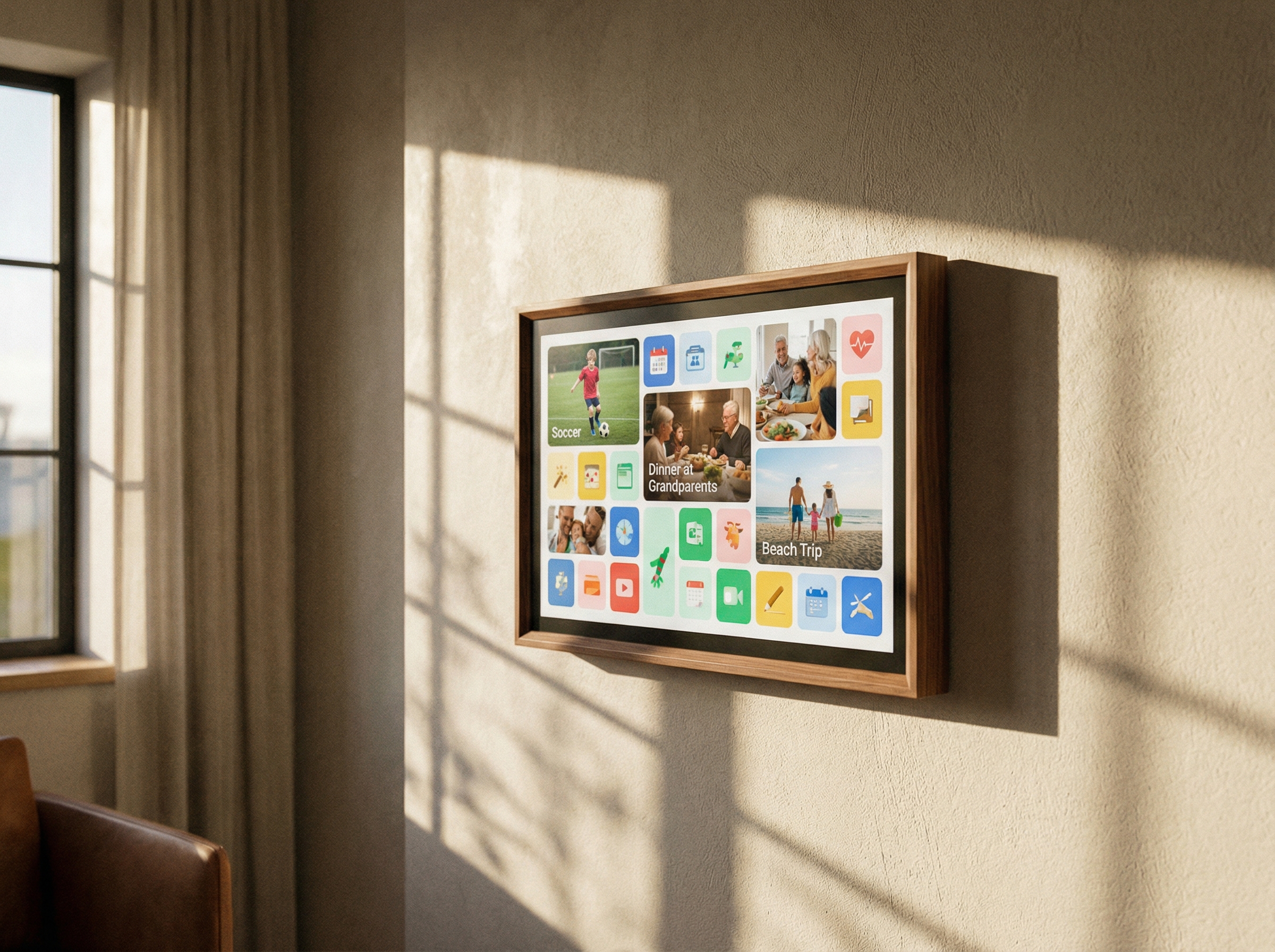 A sleek 15 inch digital family calendar with a wooden frame mounted on a modern living room wall. The screen displays a colorful family schedule and photos. Warm lifestyle photography, high contrast, aspect ratio 4:3, no visible text.