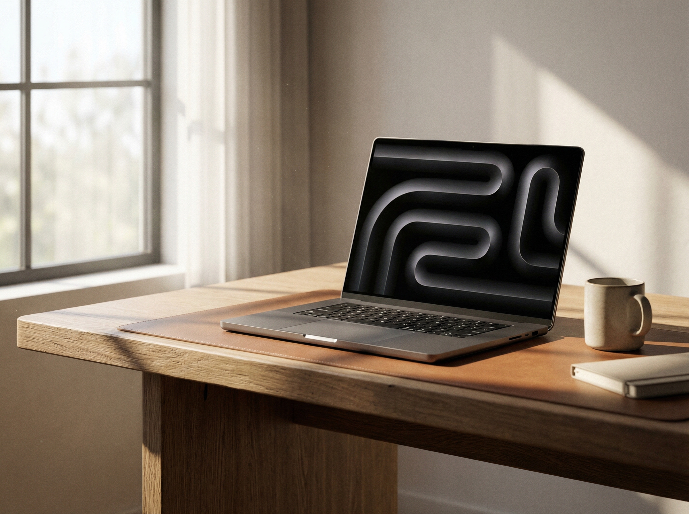 A high-end modern laptop sitting on a minimalist desk, soft sunlight through a window, clean and professional atmosphere, high resolution, photorealistic, 4:3