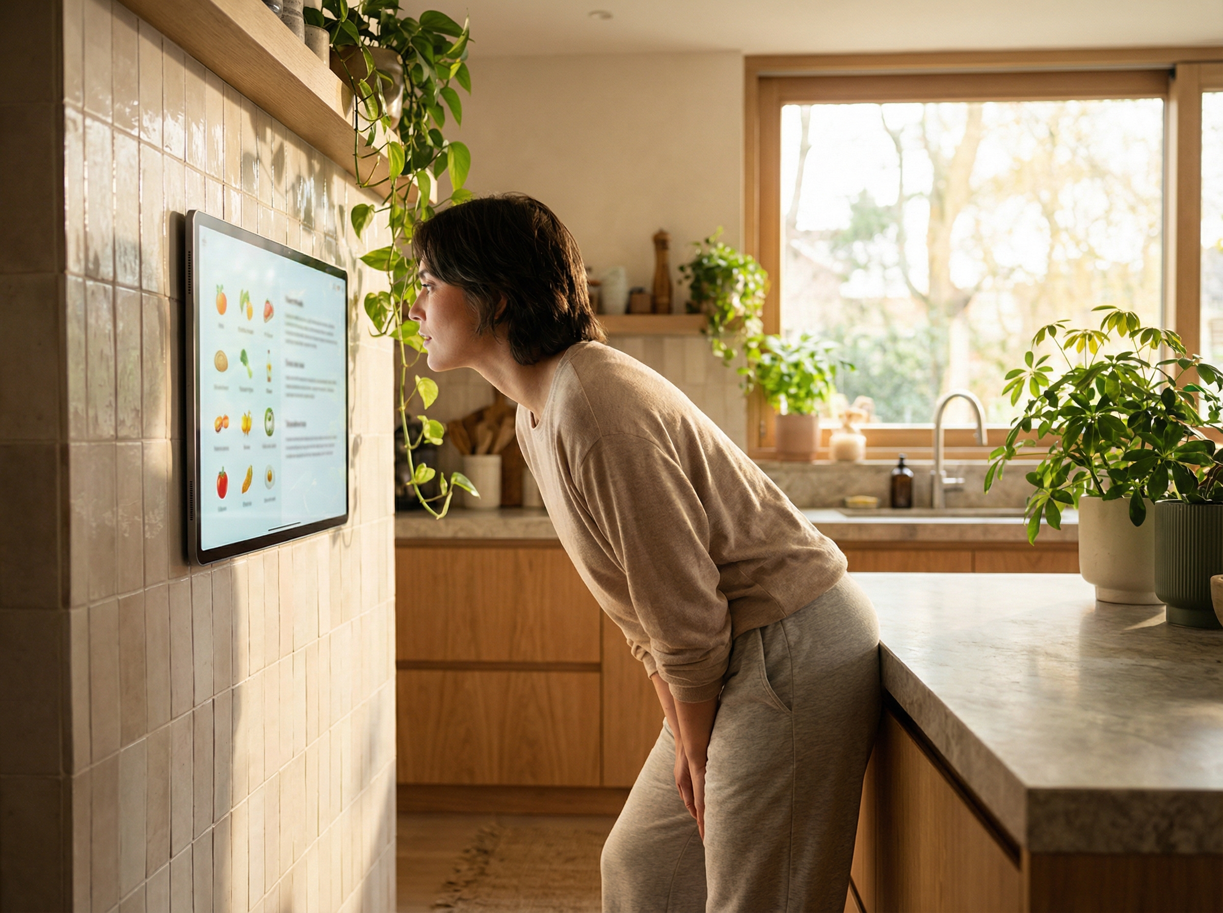 A person in a bright modern kitchen looking at a digital tablet mounted on the wall showing a grocery list and recipe. The lighting is natural and warm. Lifestyle photography, high resolution, aspect ratio 4:3, no visible text.