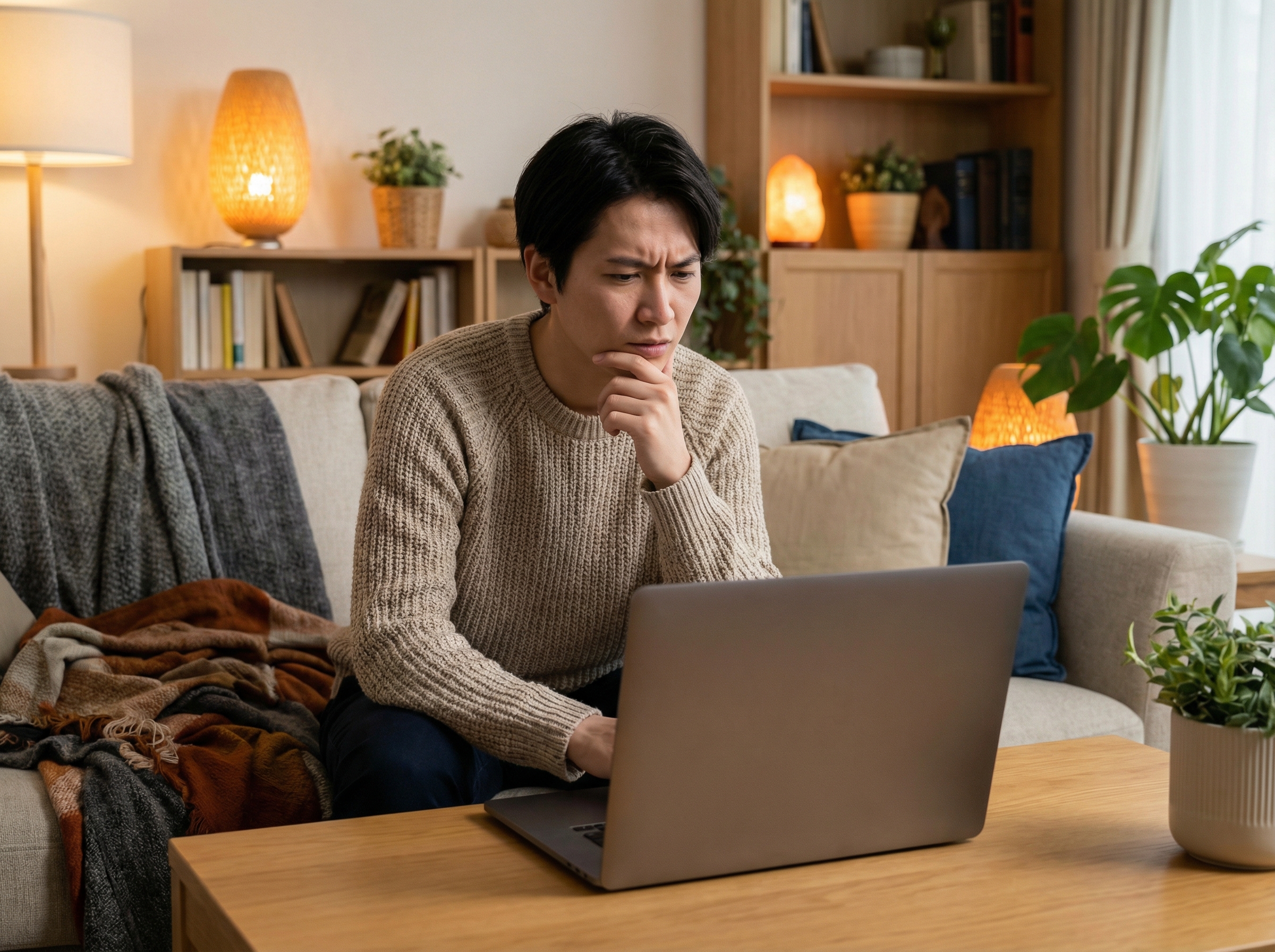 A person looking at a laptop screen with a slightly confused and thinking facial expression, cozy living room background, realistic lifestyle photography, 4:3