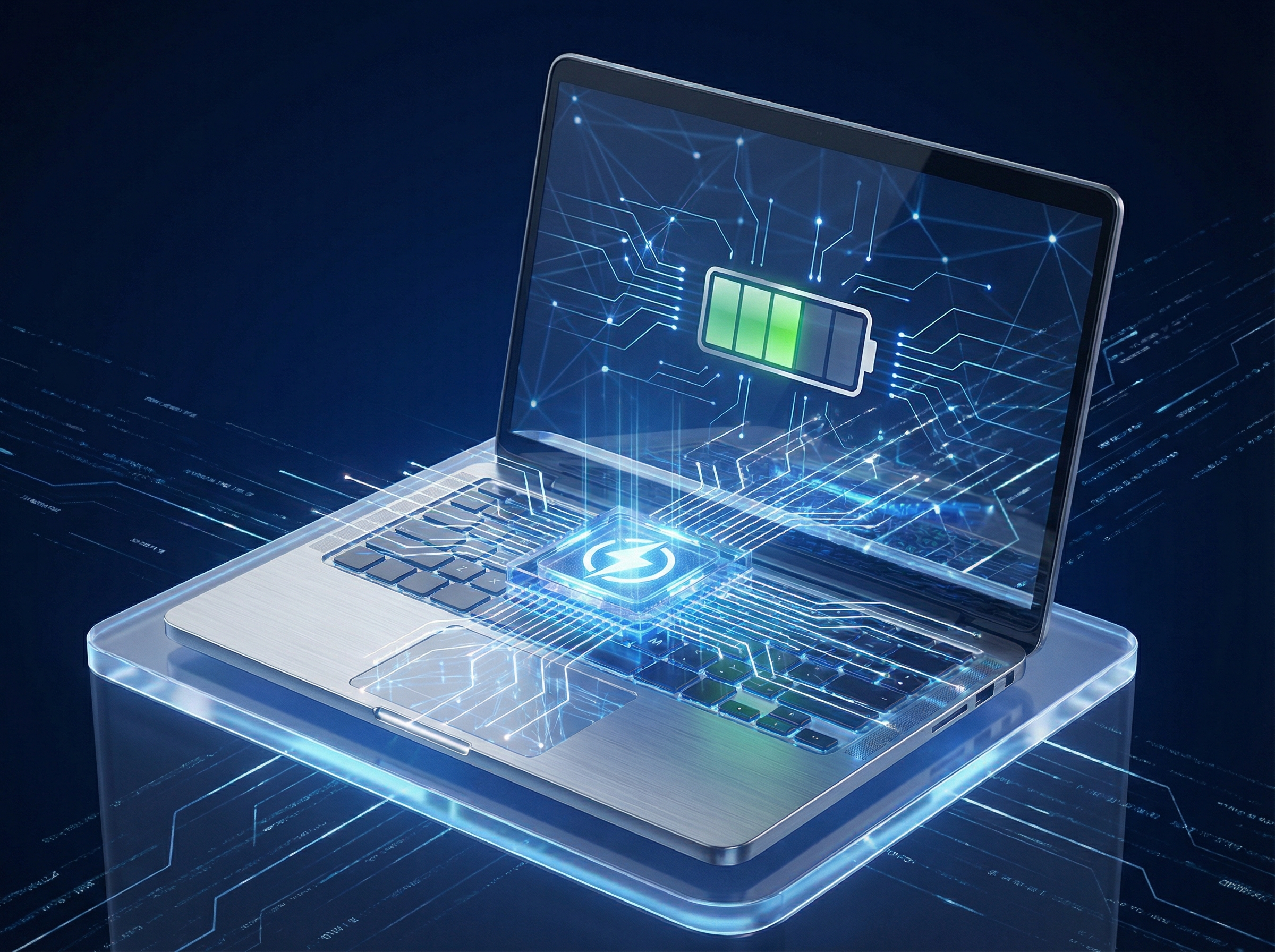 Conceptual illustration of a laptop with glowing circuitry representing high performance and battery efficiency, dark blue and silver tones, sleek and futuristic, 4:3