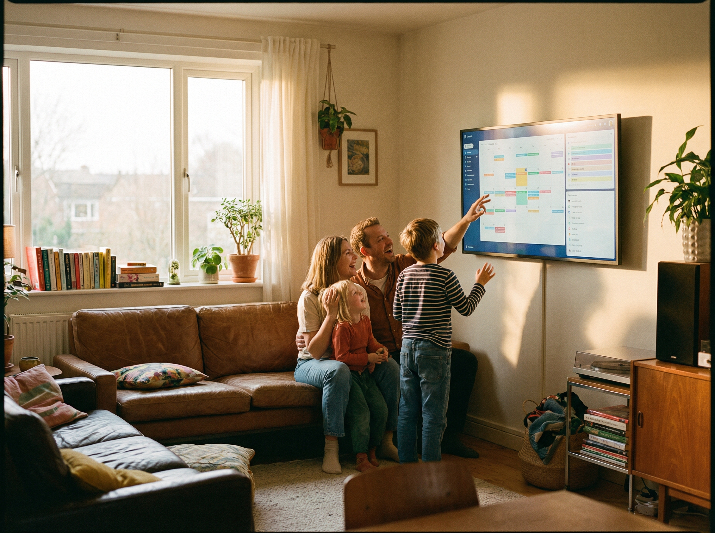 A happy family of four standing in their living room looking at a wall mounted digital organizer, smiling and talking. Bright morning sunlight through the window, cozy atmosphere, cinematic lighting, aspect ratio 4:3, no visible text.