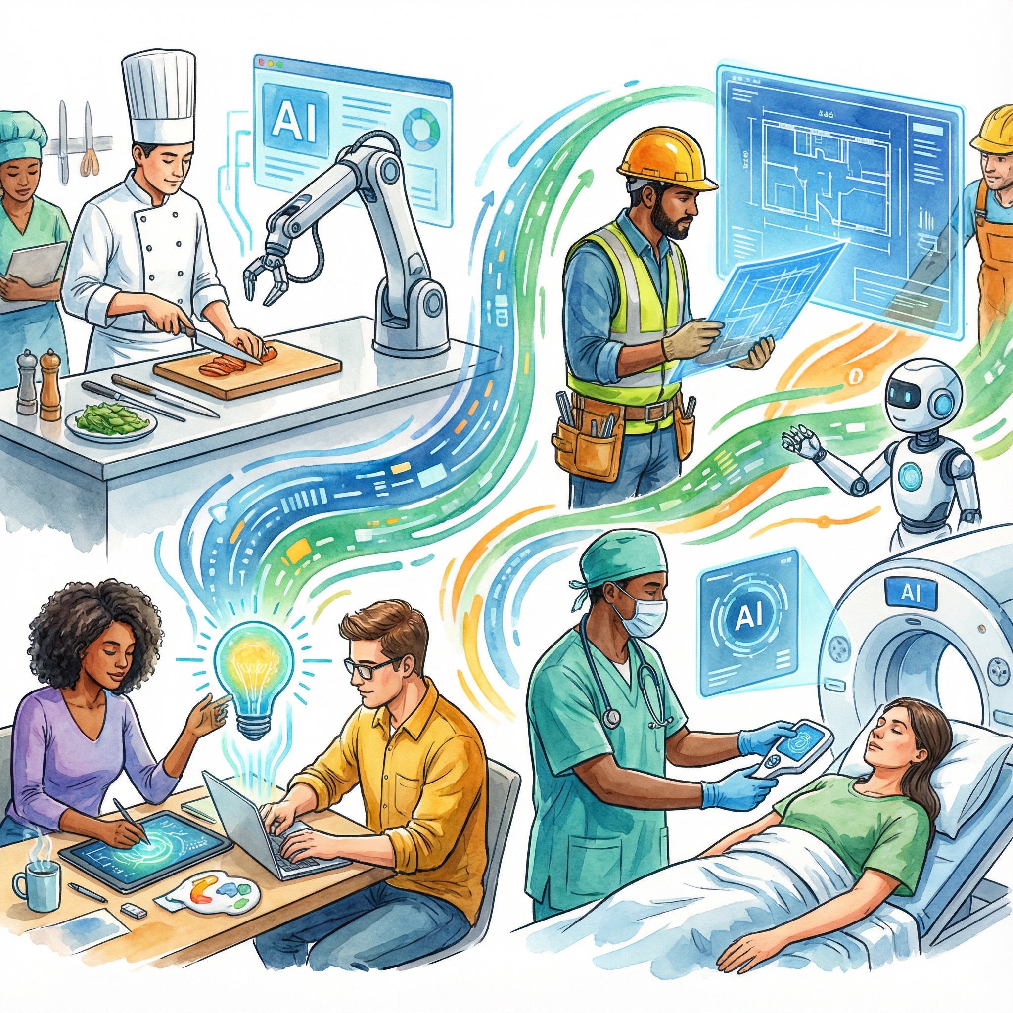 A concept illustration of AI technology integrating with human labor in a service marketplace, diverse professionals working alongside digital interfaces, vibrant colors, clean layout, 1:1 aspect ratio, no text