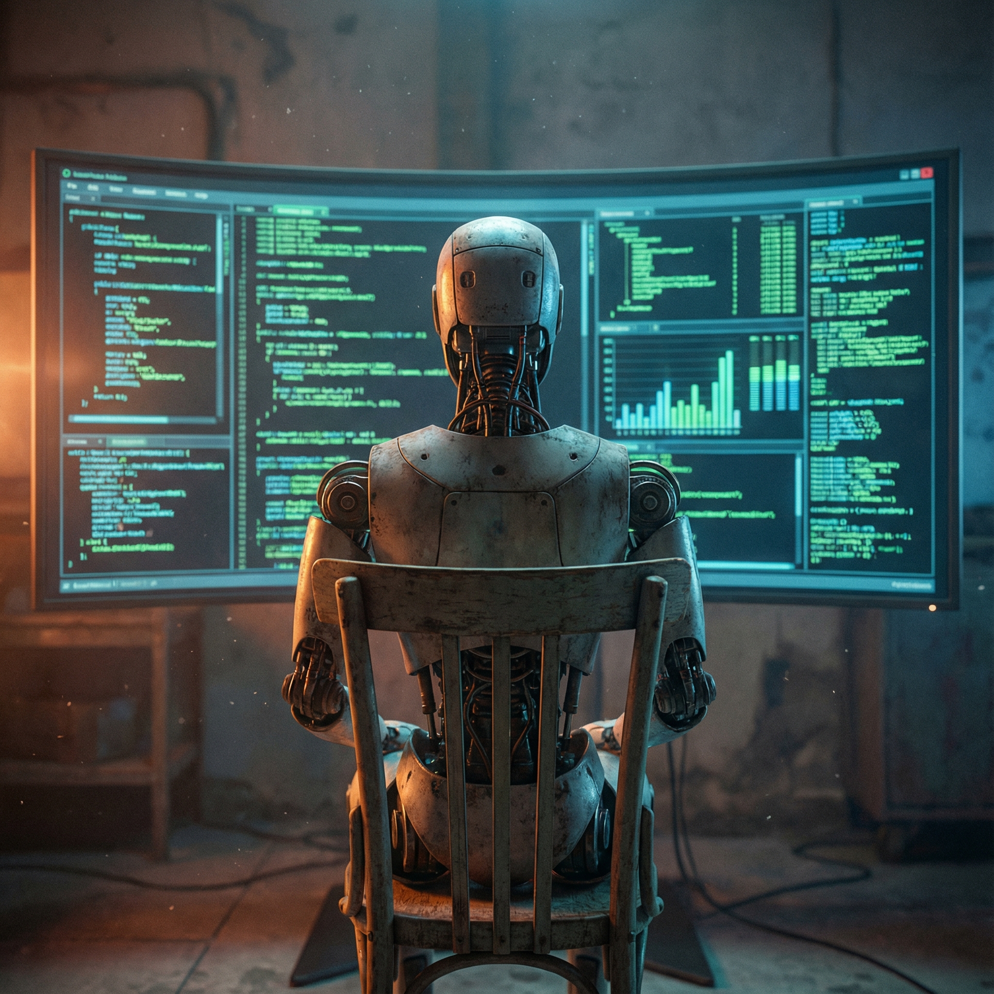 A cinematic, high-quality photograph of a humanoid robot sitting on a chair, viewed from behind, looking at a digital screen showing complex code. The lighting is moody with soft blue and orange tones, creating a thoughtful atmosphere. 1:1 aspect ratio, no text.