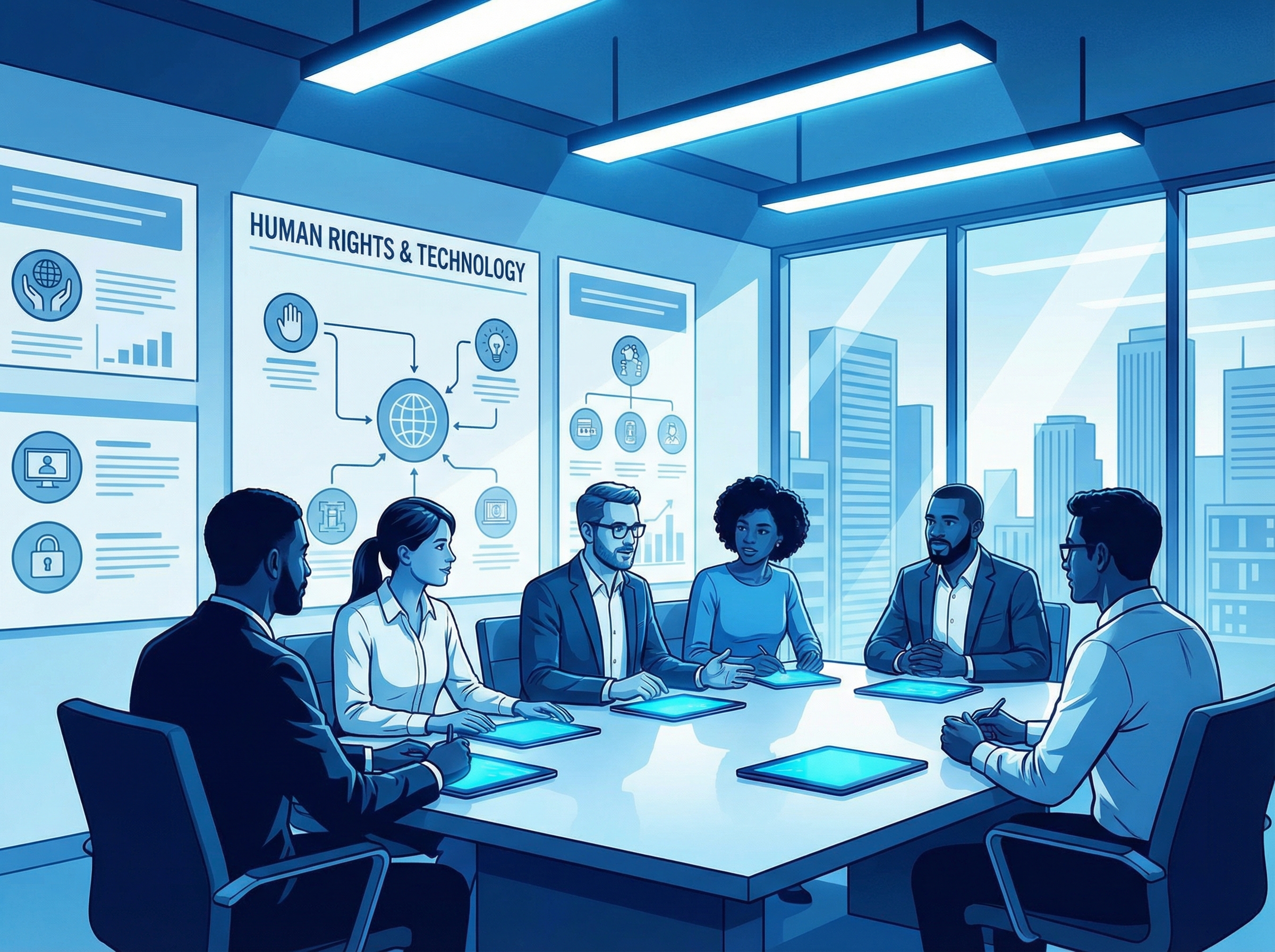 An informational, high-contrast illustration of a modern conference room where diverse experts are discussing ethics. On the wall, there are clean infographics about human rights and technology. Bright, professional lighting with a blue color palette. 4:3 aspect ratio, no text.