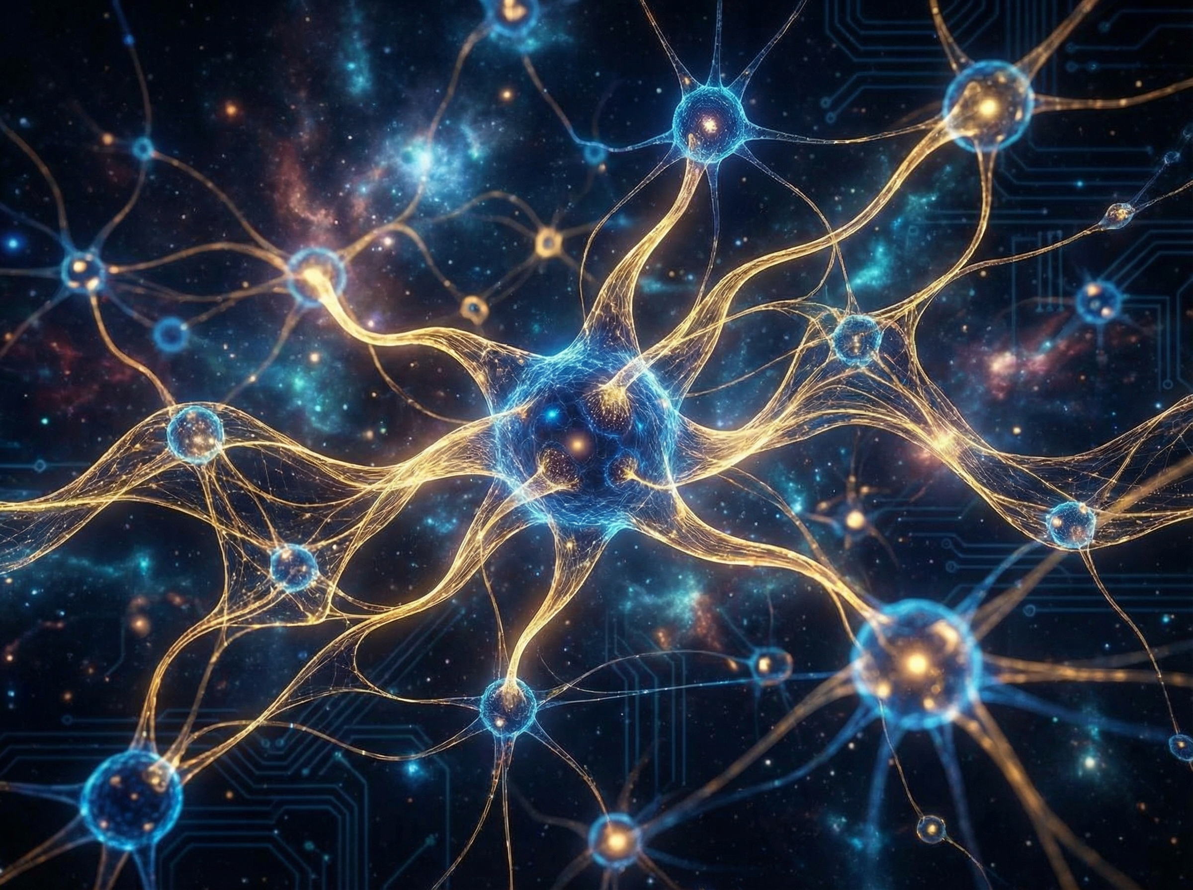 A futuristic digital neural network with glowing nodes and golden energy flows, representing advanced artificial intelligence, deep blue and gold color palette, 4:3 aspect ratio, no text.