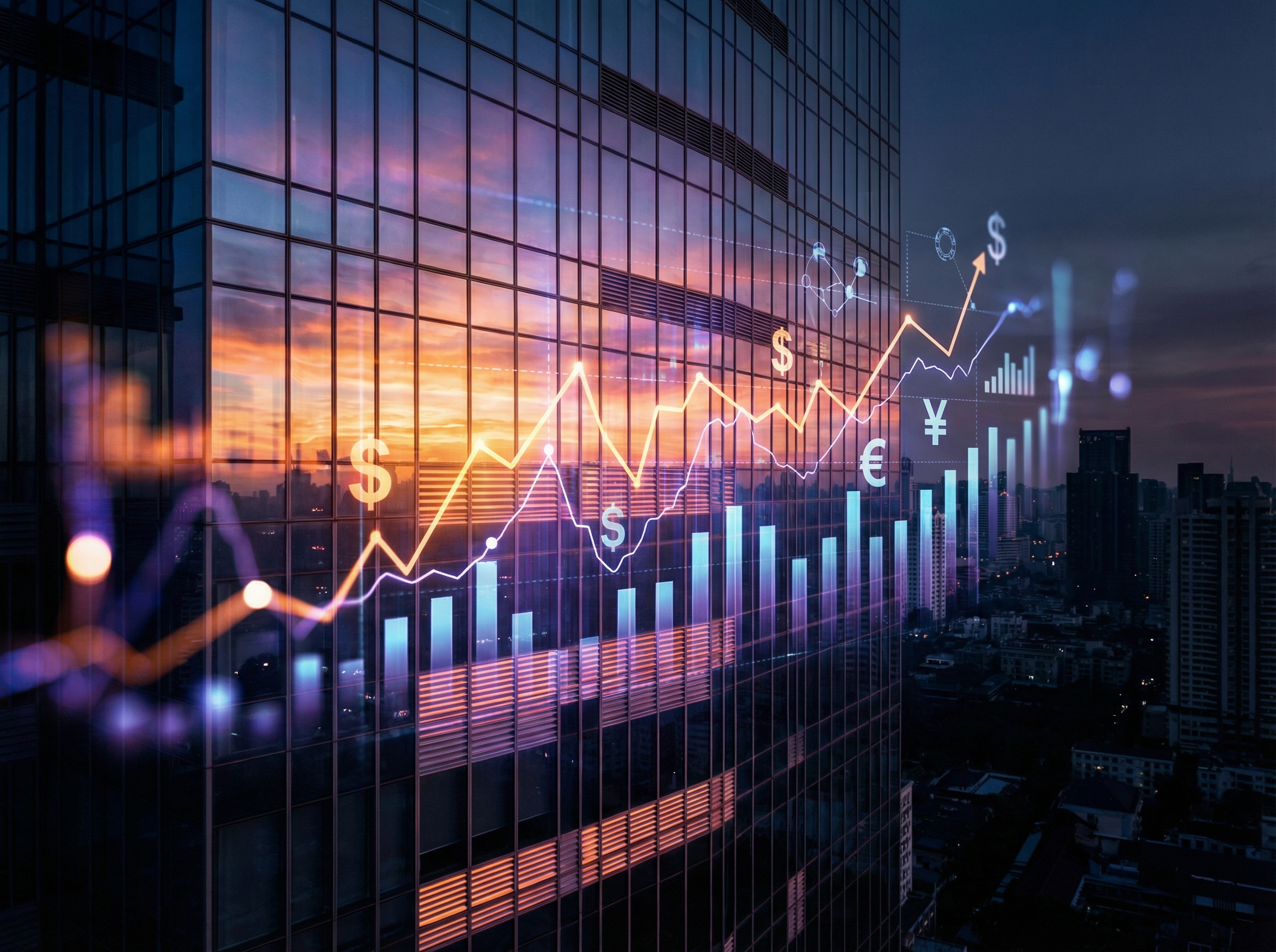 A modern glass skyscraper reflecting a digital sunset, overlaid with holographic data charts and financial symbols, representing big tech investment, high contrast, 4:3 aspect ratio, no text.