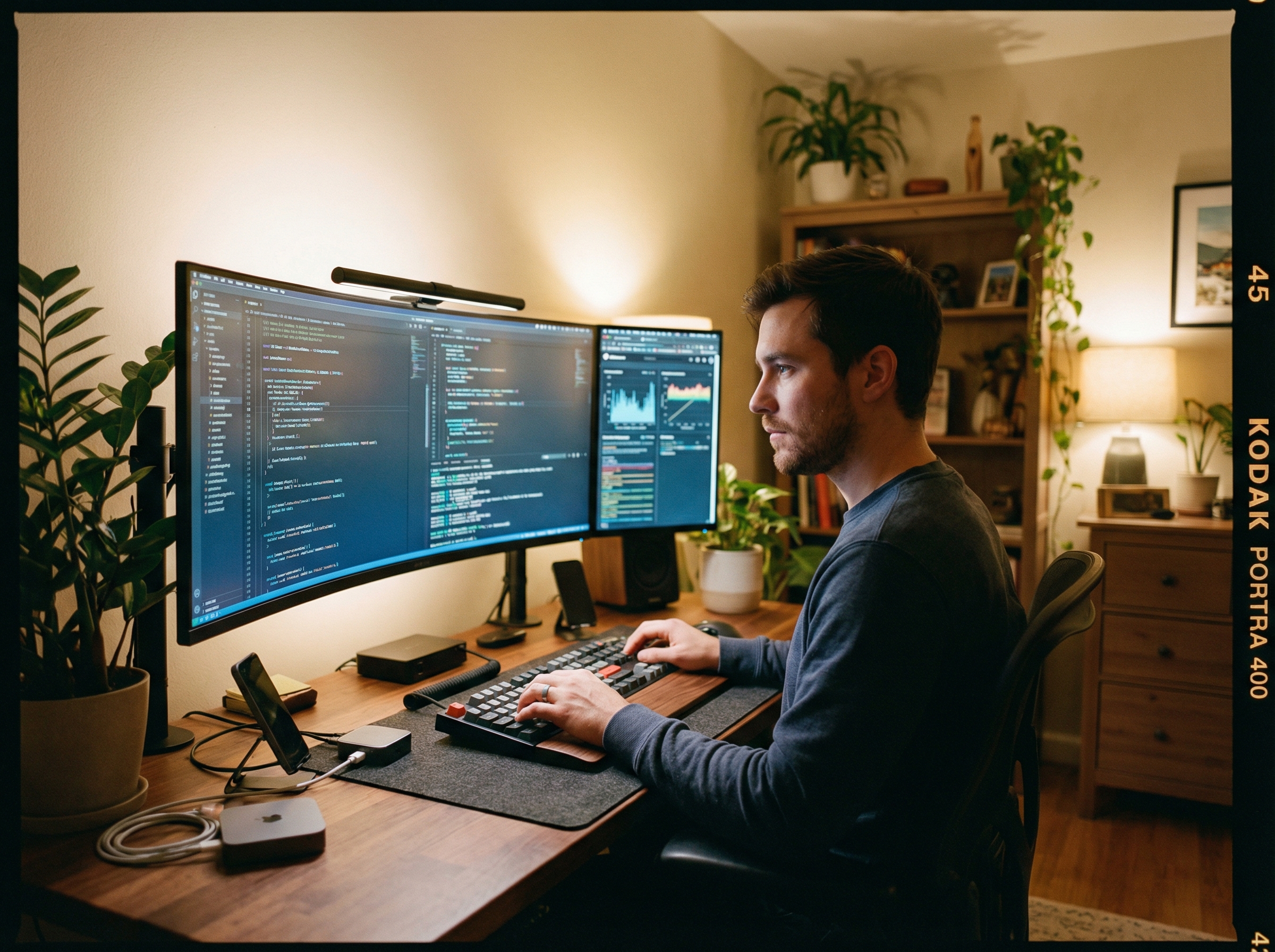 A professional developer working with multiple glowing screens displaying complex code, soft cinematic lighting, natural indoor setting, focus on technology integration, 4:3 aspect ratio, no text.