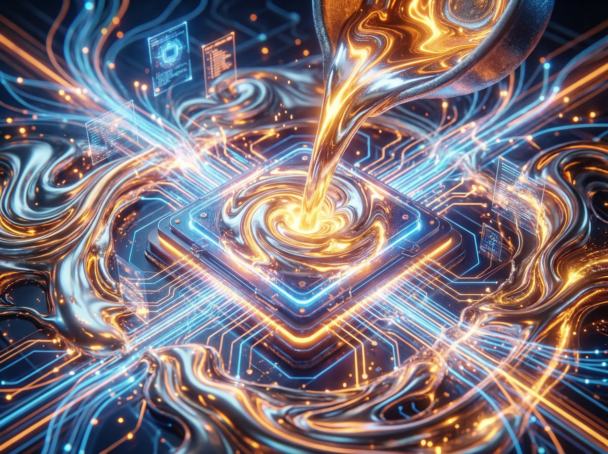 Abstract visualization of gold and silver liquid metal flowing into a digital core, representing massive capital investment and growth, vibrant lighting, detailed composition, 4:3 aspect ratio, no text.