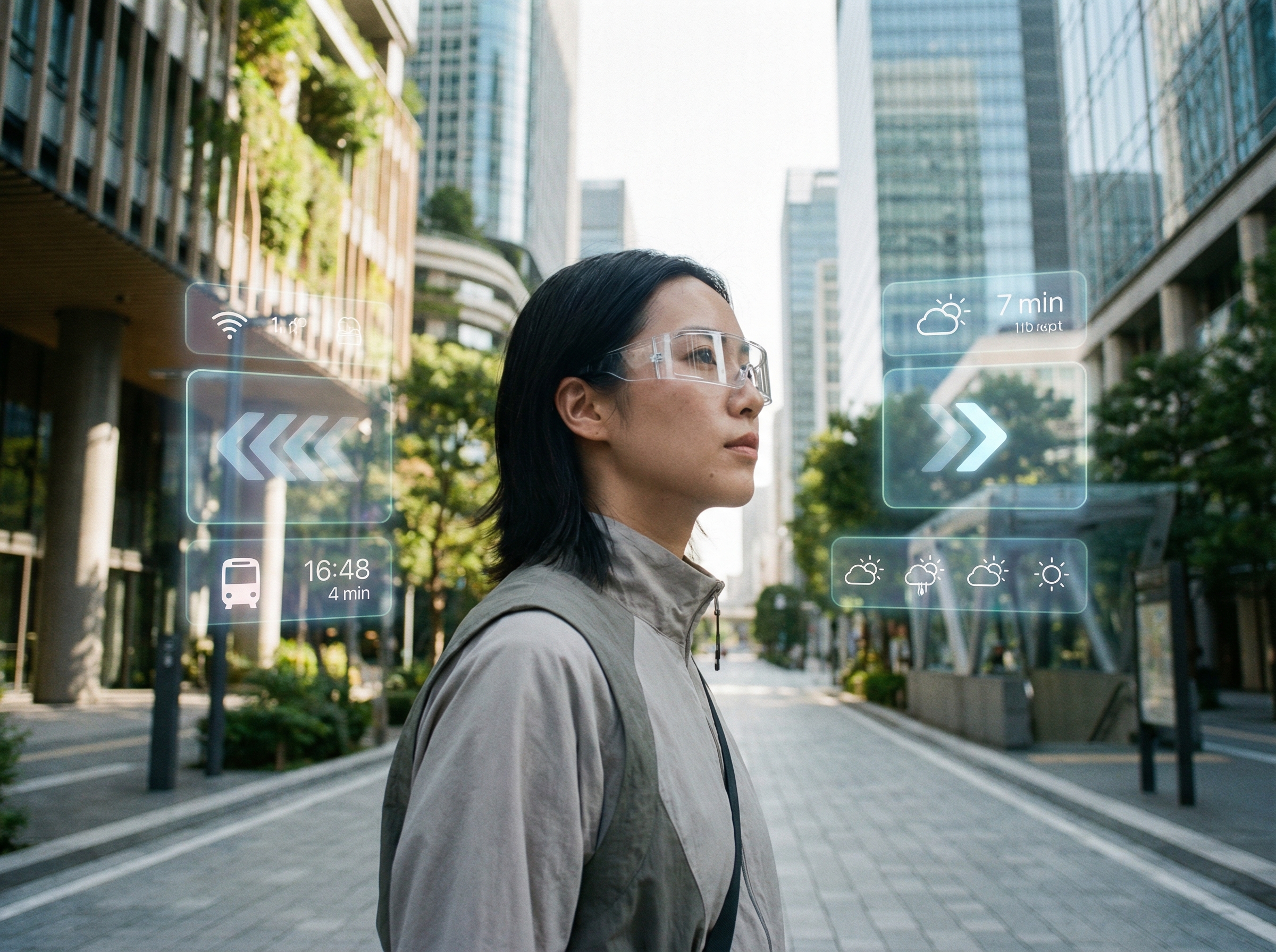 A lifestyle photograph of a person wearing sleek, modern smart glasses walking through a futuristic urban street, digital overlays subtly glowing in the air showing navigation and information, soft natural sunlight, 4:3, no text