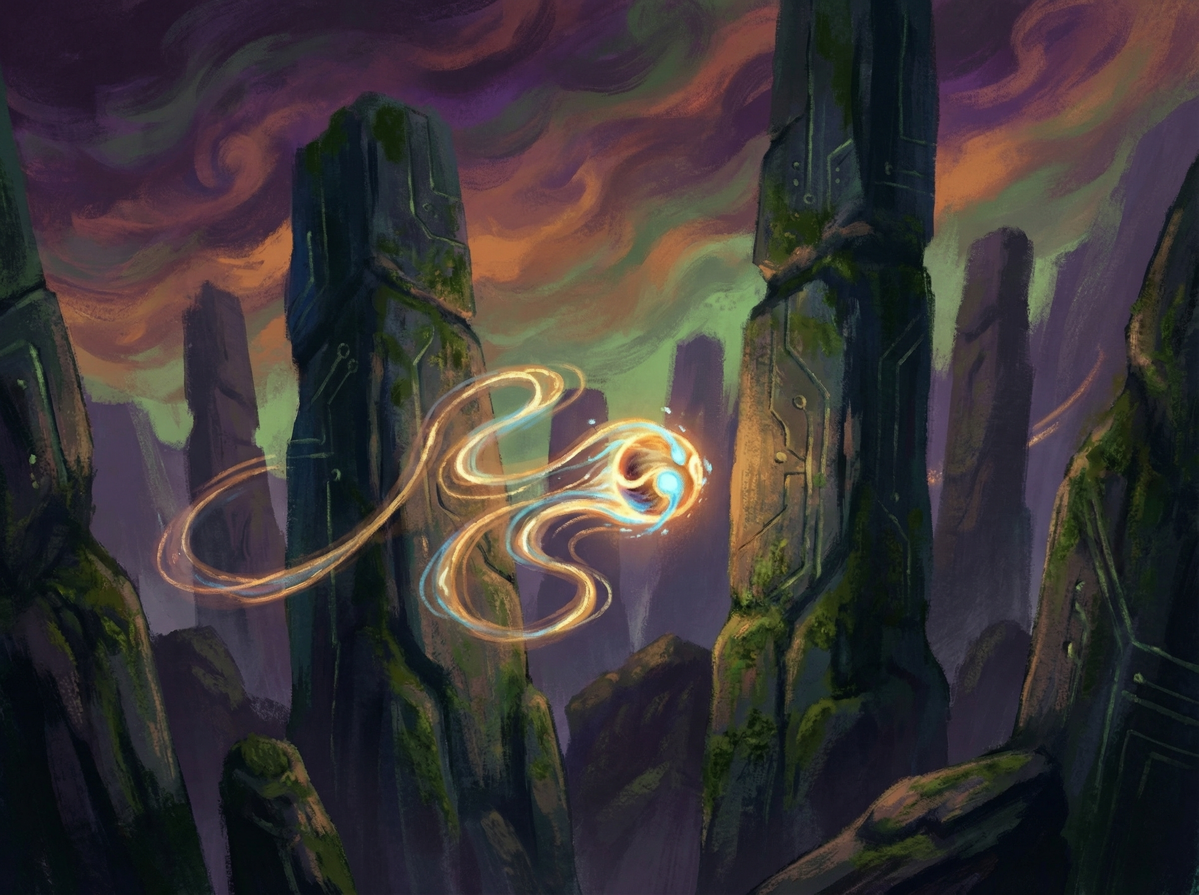 A creative illustration showing a small, glowing light orb representing a startup navigating through giant, shadowy stone pillars representing big tech, metaphorical representation of agility and niche focus, vibrant colors, artistic texture, 4:3, no text