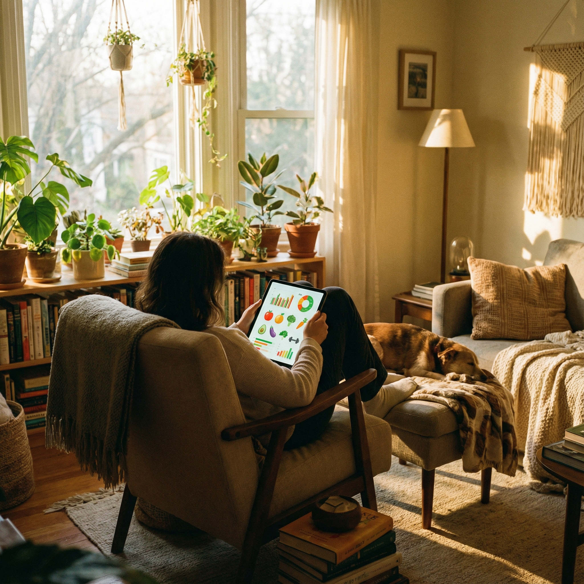 A person in a cozy, sunlit living room looking at a tablet showing colorful health analysis charts and food icons. The atmosphere is warm and relaxed, suggesting a lifestyle focused on wellness and technology, realistic photography, 1:1 aspect ratio, no text.