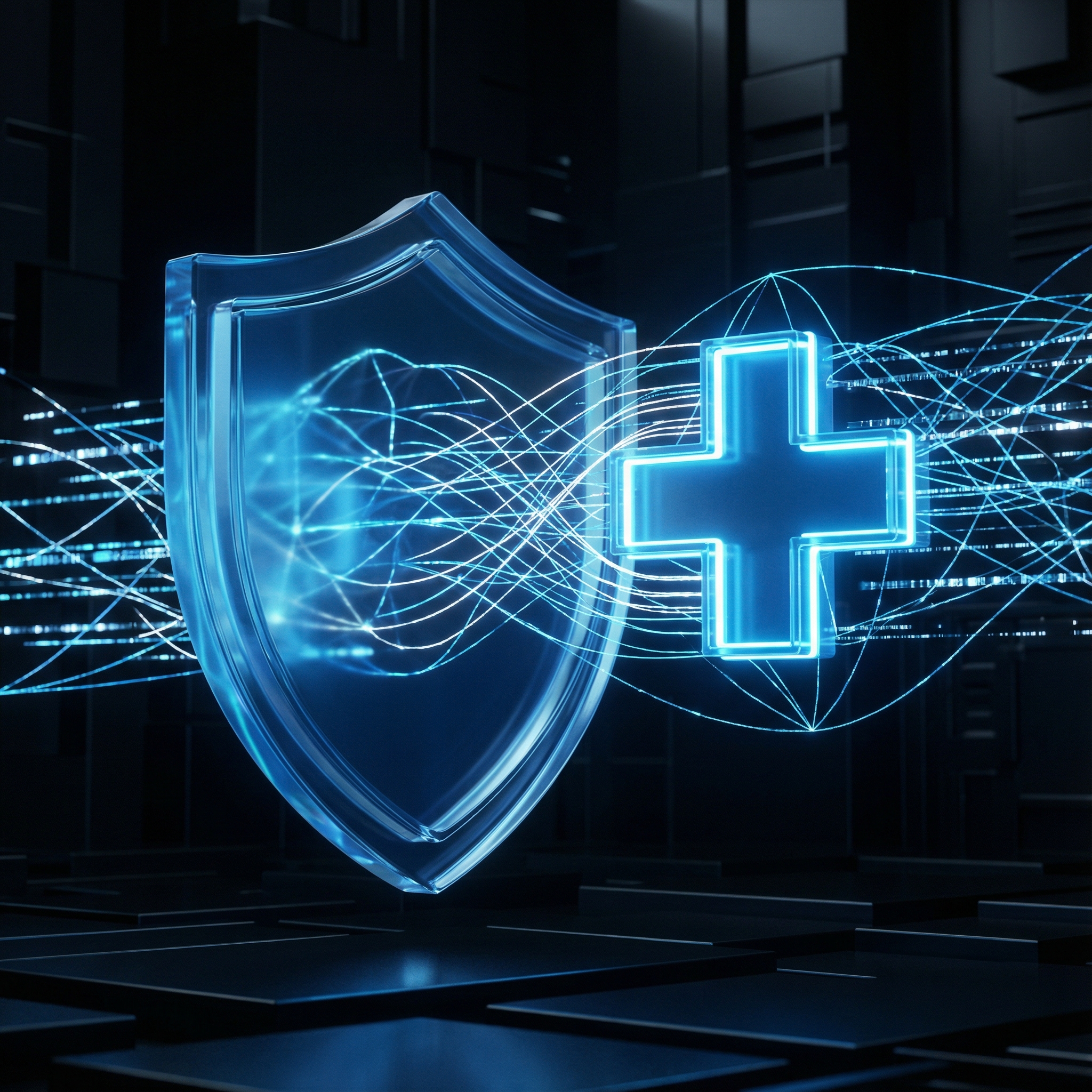 An artistic 3D rendering of a translucent blue shield combined with a glowing medical cross icon. Digital neural network lines connect them, symbolizing the intersection of AI, health data, and security. High contrast, professional tech illustration, 1:1 aspect ratio, no text.