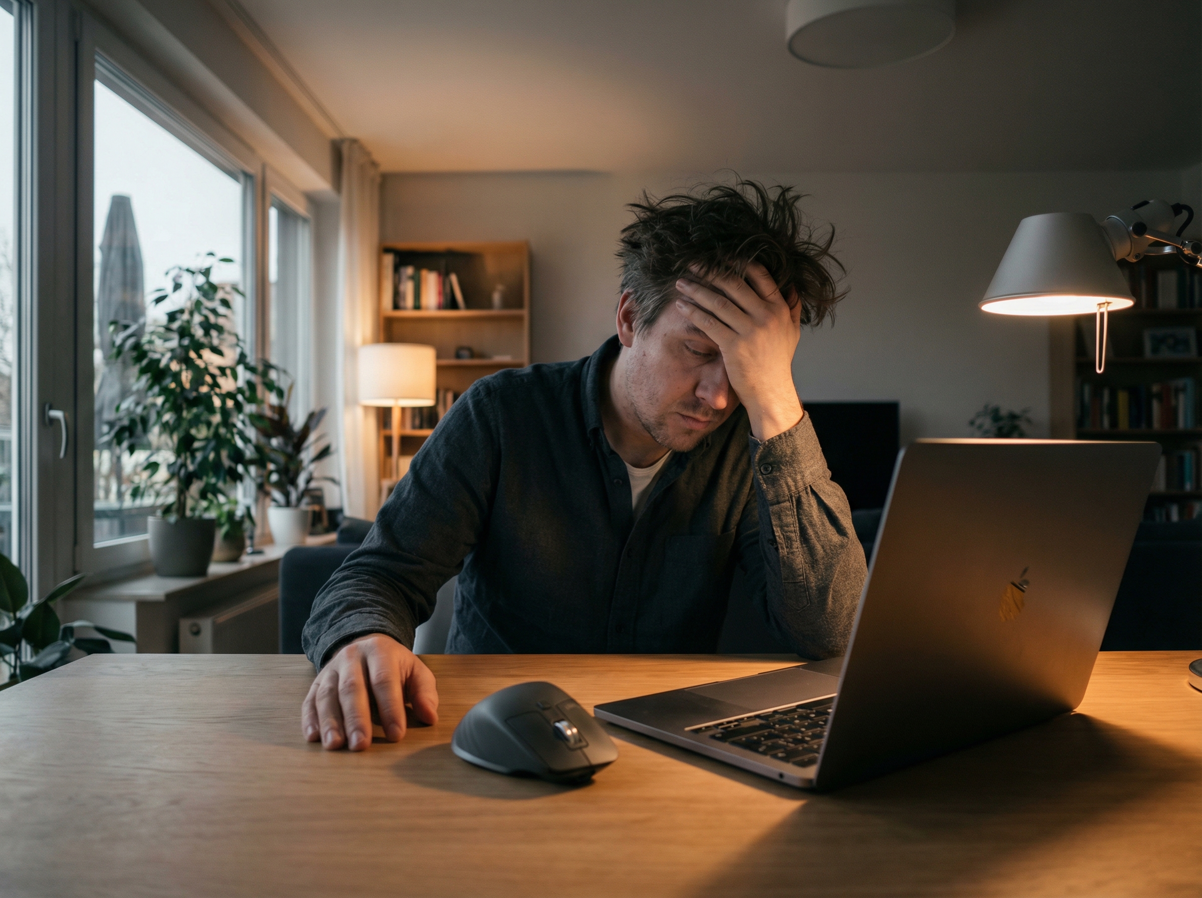 A frustrated person sitting in front of a MacBook in a modern home office, holding a Logitech MX Master mouse, soft indoor lighting, cinematic atmosphere, 4:3 aspect ratio, no visible text