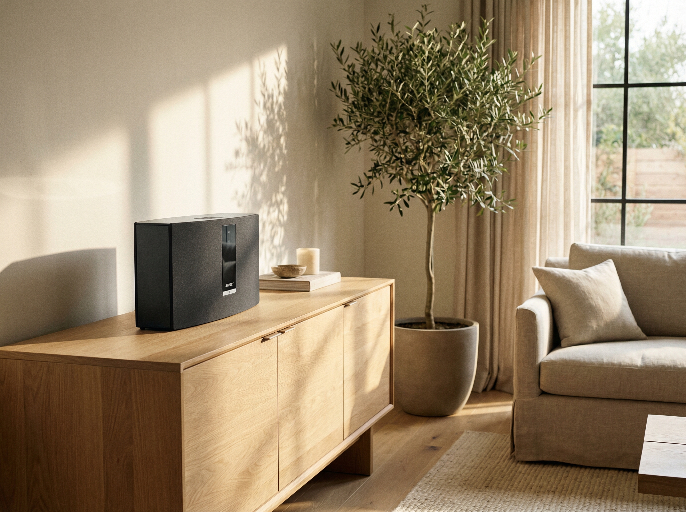 A sleek Bose SoundTouch Series III speaker placed on a modern wooden sideboard in a sunlit minimalist living room, high-quality lifestyle photography, warm natural lighting, 4:3 aspect ratio, no text.