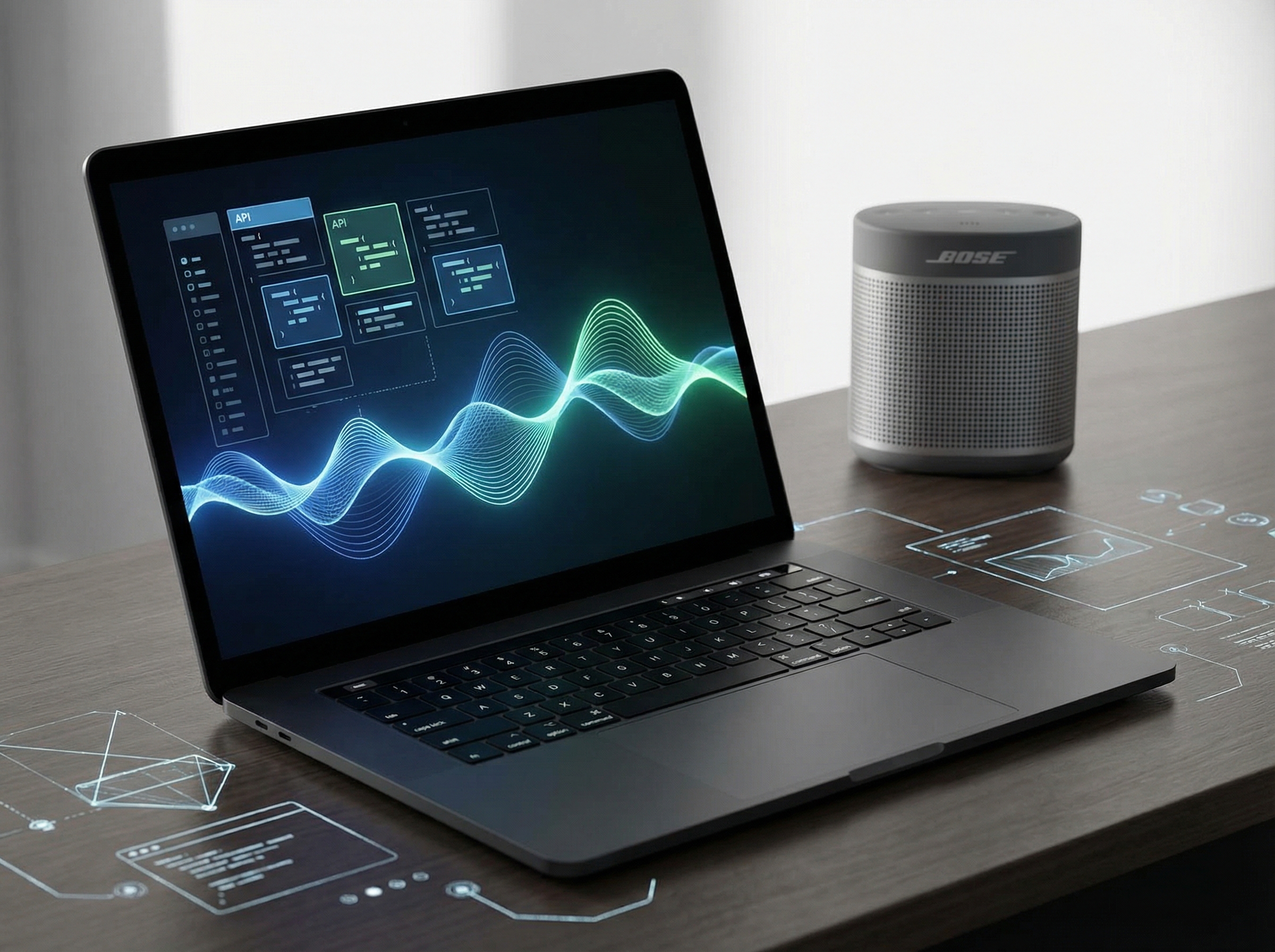 A clean desk setup with a laptop screen displaying API documentation and abstract music wave patterns, a Bose speaker in the background, modern tech infographic style, high contrast, 4:3 aspect ratio, no text.